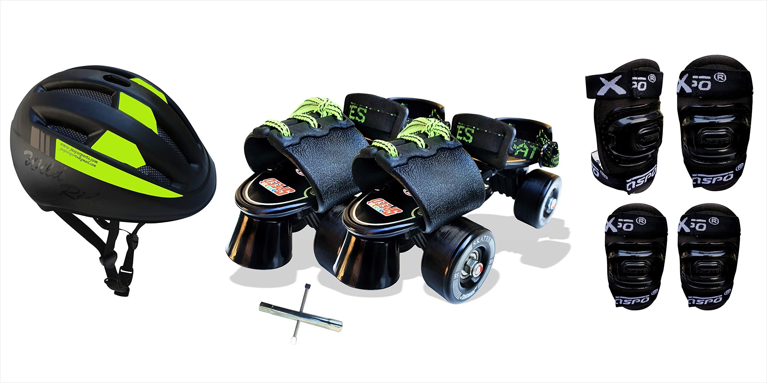 Jaspo Blacken Intact Adjustable Senior Roller Skates Combo Suitable for Age Group 6 to 14 Years (Skates+ Helmet + Knee Guard+ Elbow Guard +Key)