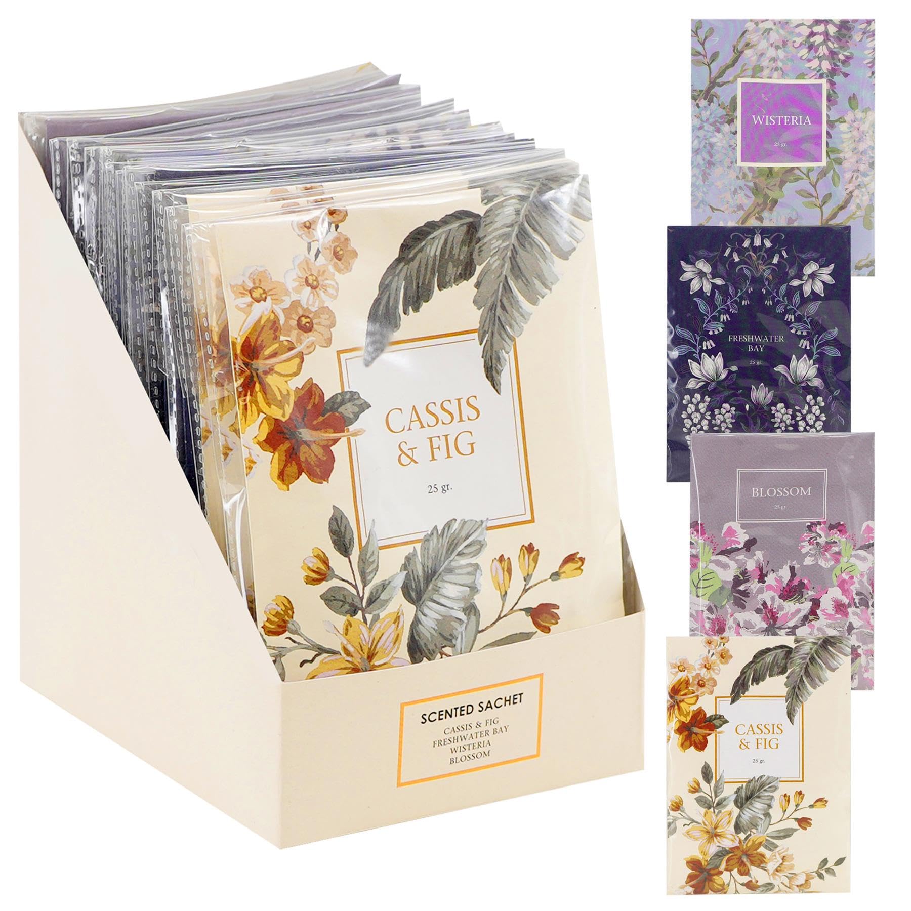 Scented Sachet Drawer Fragrance Wardrobe Air Room Freshener for Living Room Bedroom Bathroom Laundry Basket Radiator Car Set of 12 - Cassis and Fig, Freshwater Bay, Wisteria, and Blossom