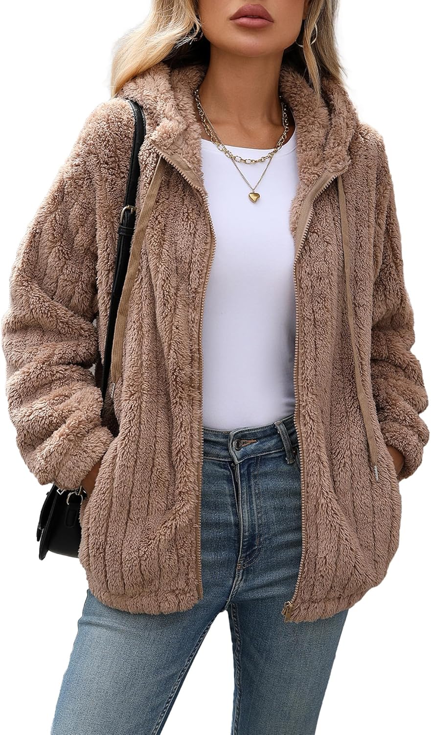 Womens Fleece Jacket Fall Winter Full Zip Sherpa Coat with Hood S-5XL