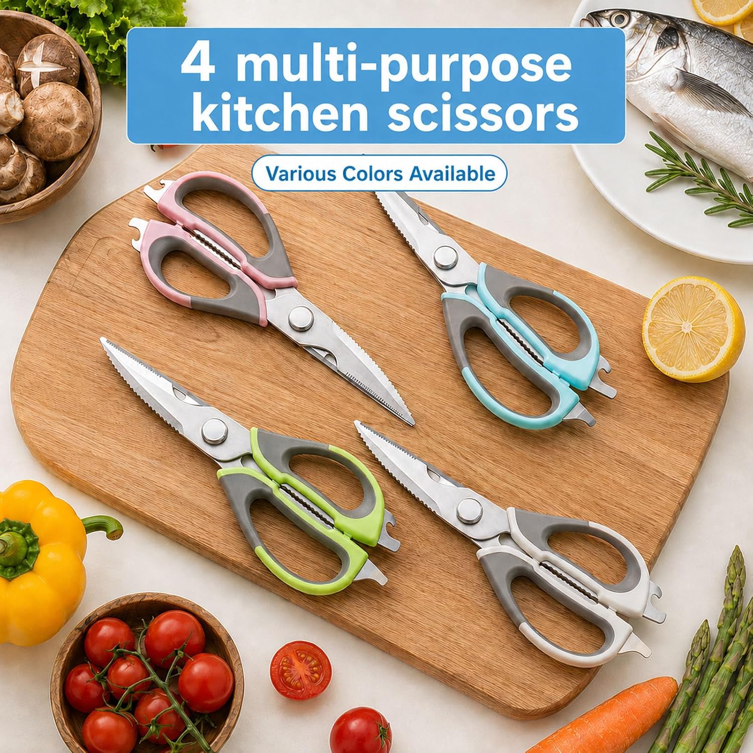 4-Pack Heavy Duty Kitchen Shears, Multi-Color Set (White/Green/Pink/Blue), Stainless Steel, Come-Apart Design Easy Cleaning, Multi-Purpose Cooking Scissors with Magnetic Holder for Fridge Organization