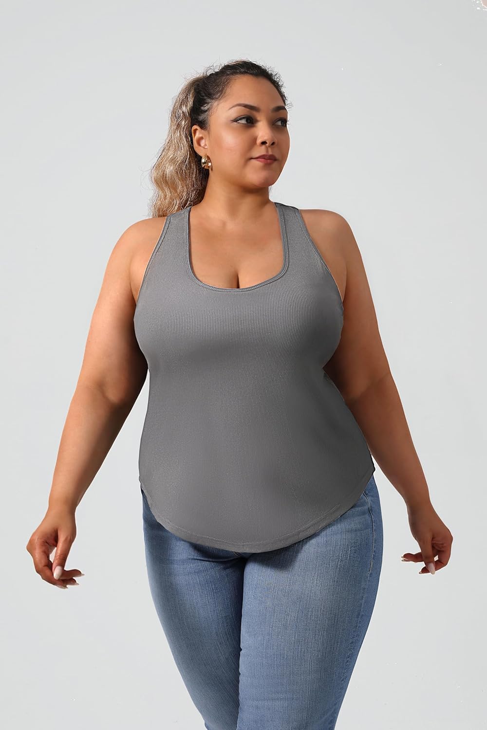 Plus Size Tank Tops for Women with Built in Bras,Sleeveless Camisole Casual Racerback Sports Curved Hem Shirts - Image 2