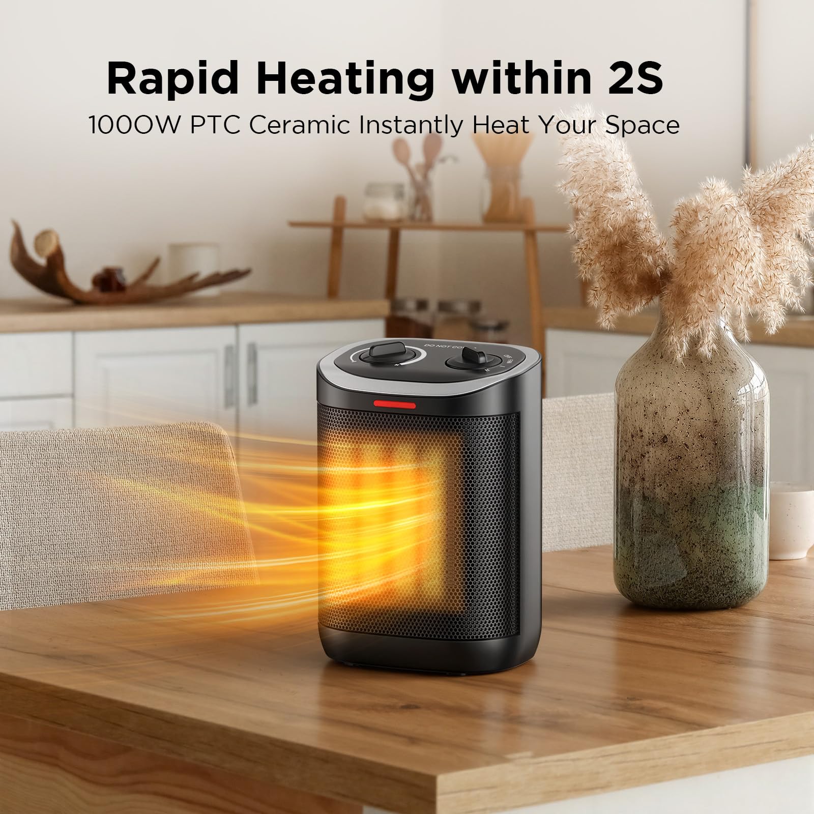Calefactor eléctrico de espacio para interiores, de cerámica PTC de 1500 W con termostato, calentamiento rápido de 2 segundos, 3 modos y protección de seguridad, portátil, para recámara, oficina