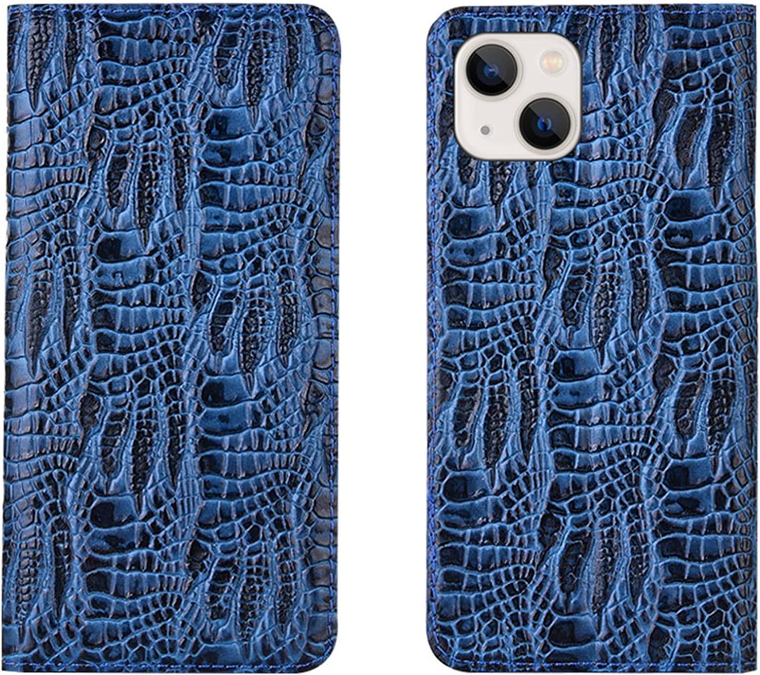 Étui portefeuille iPhone 14 bleu en cuir véritable avec support