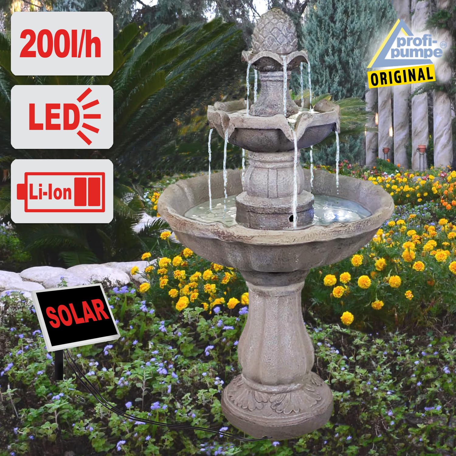 Solar Gartenbrunnen Brunnen Solarbrunnen Zierbrunnen Vogelbad Wasserfall Gartenleuchte Teichpumpe - Springbrunnen Wasserspiel für Garten, Gartenteich
