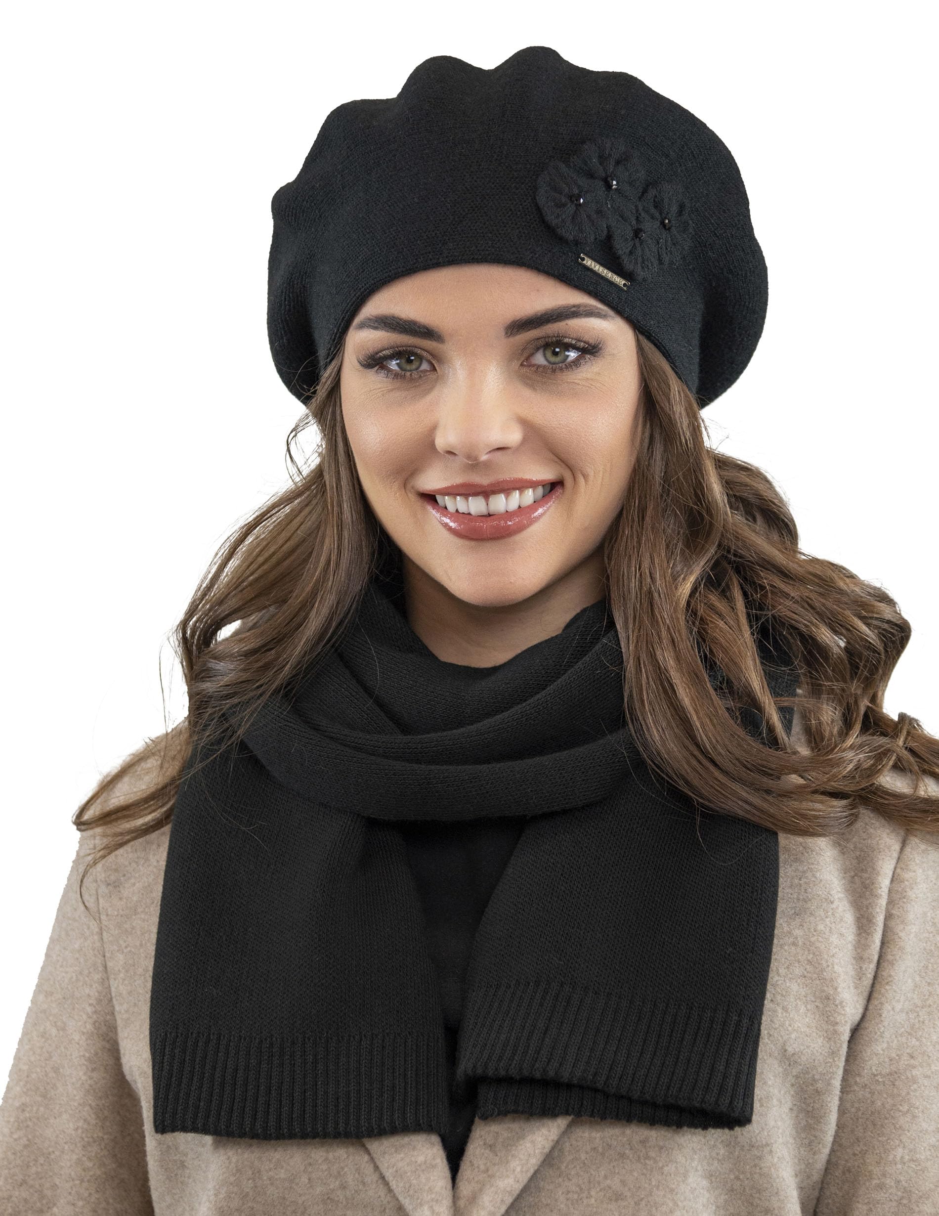 VIVISENCE Baskenmütze Damen Elegant Blume Warm Herbst Winter Accessoire 7006