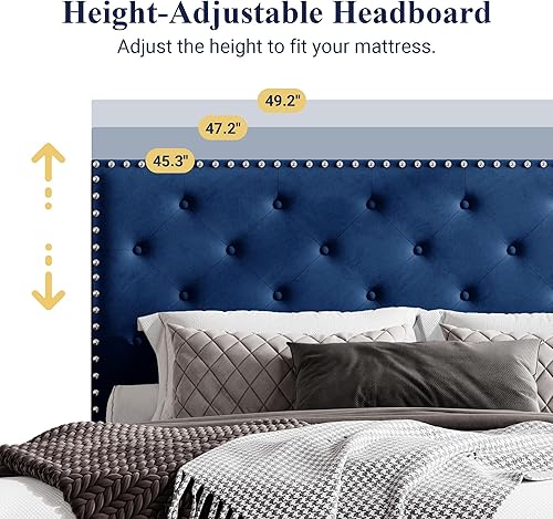 Miniatura 3 de Allewie Base de cama tapizada de terciopelo tamaño King con botón de diamante ajustable y cabecera con ribete de clavos, soporte de listones de Azul