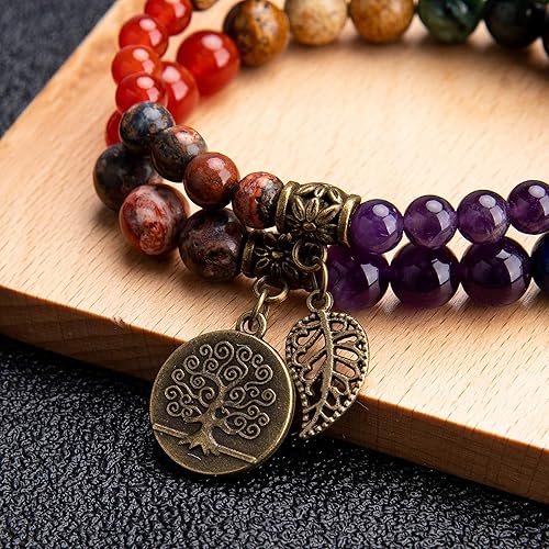 Miniatura 7 de Bivei Pulsera de cuentas de piedras preciosas semipreciosas naturales para mujer, pulseras elásticas de cristal Reiki con dije de árbol y hoja de la