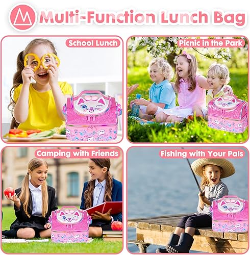 Miniatura 8 de Bolsa de almuerzo aislada de dos pisos para niños, niñas, hombres, mujeres, con correa ajustable, gato
