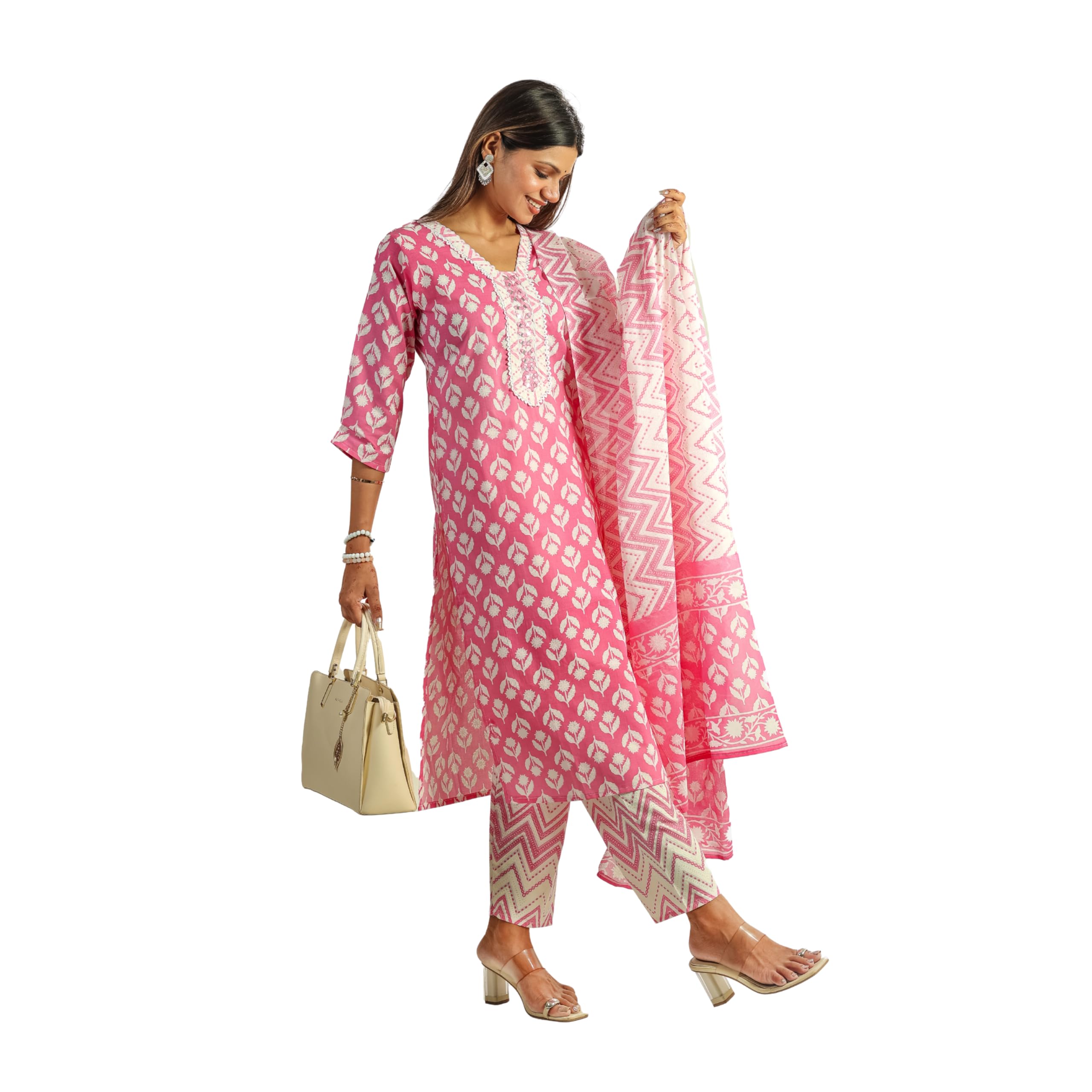 Fuschia Flora Women's MARIYA PINK Cotton Suit Set | Pink Block Print Kurta with Crochet Lace & Cutwork | Slim-Fit Printed Pants & Matching Dupatta-image-9