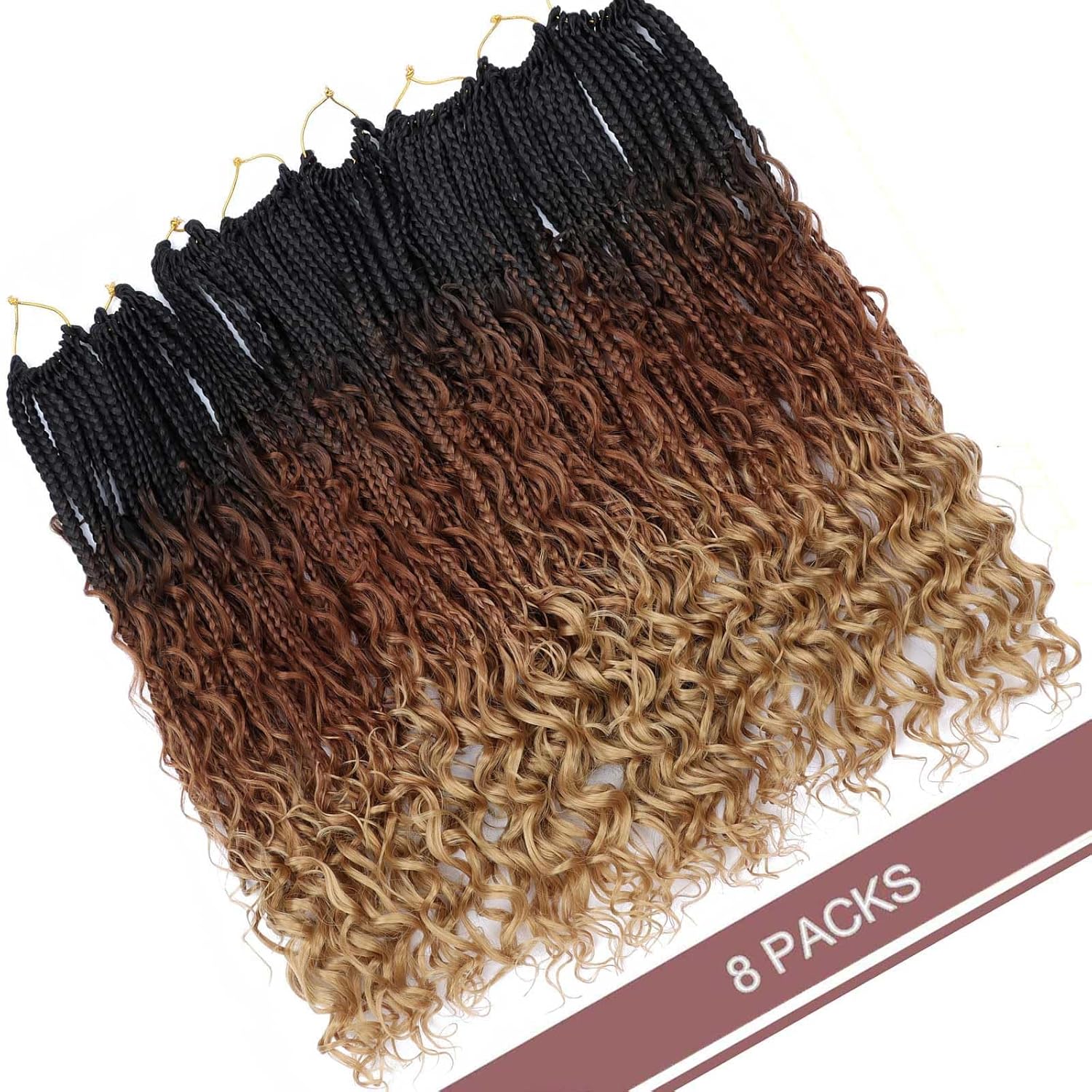 Bohemian Box Braids Crochet Hair - 18 inch Goddess Box Braids Crochet Hair Curly Ends 8 Packs Boho Braids Crochet Hair for Black Women Crochet Box Braids Pre-looped Synthetic Hair Extensions 1B/30/27