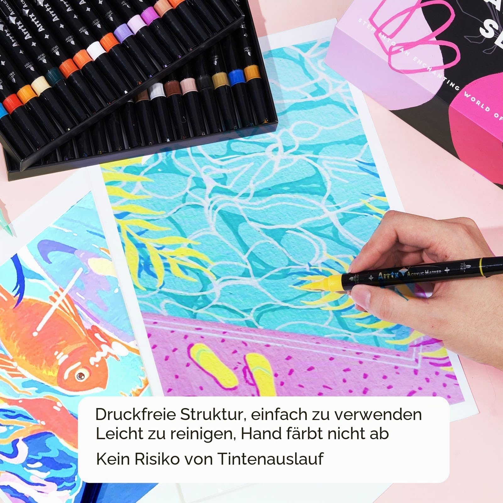 Arrtx Acrylfarben-Marker, 64 Farben, Doppelspitze, Acrylfarbstifte mit feiner Spitze und Pinselspitze, Kunstbedarf für Steinmalerei, Holz, Keramik, Stoff, Glas, Kartenherstellung, DIY Handwerk