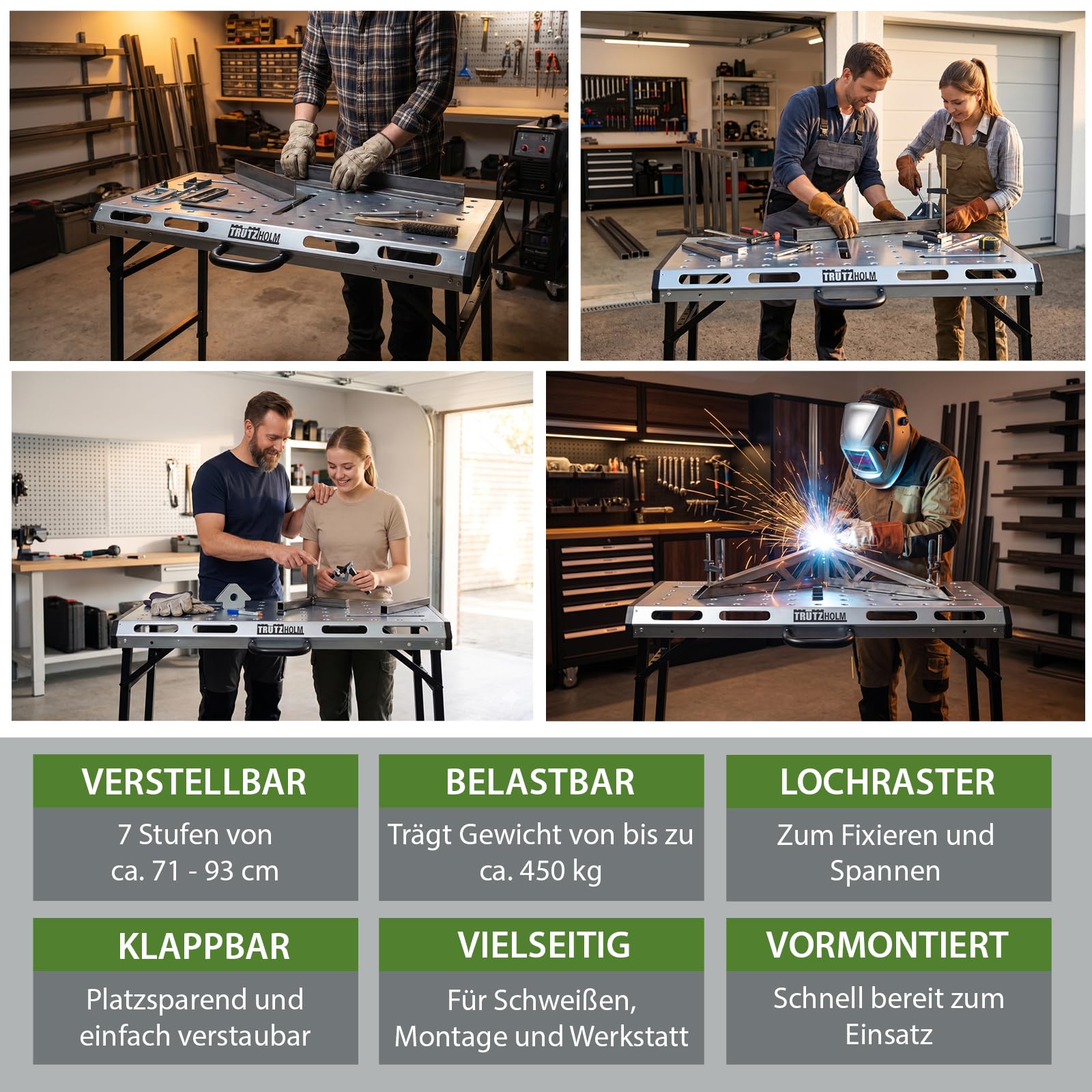 TRUTZHOLM Schweißtisch klappbar 450kg 7-Fach höhenverstellbar 71-93cm Werkbank mit Lochraster Arbeitsfläche 106 x 53 cm Werkstatttisch für Schweißen Montage Garage Metallbearbeitung