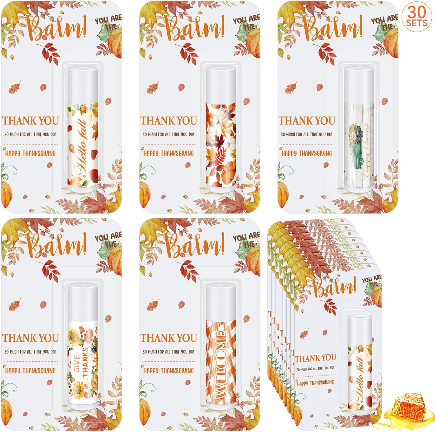 30 Pack Hello Fall Autumn Lip Balm Favors Bulk Fall Happy Thanksgiving Halloween Lip Balm Party Gifts Basket Stuffers Employee Staff Thank You Appreciation Gift for Women Men Teacher Coworkers