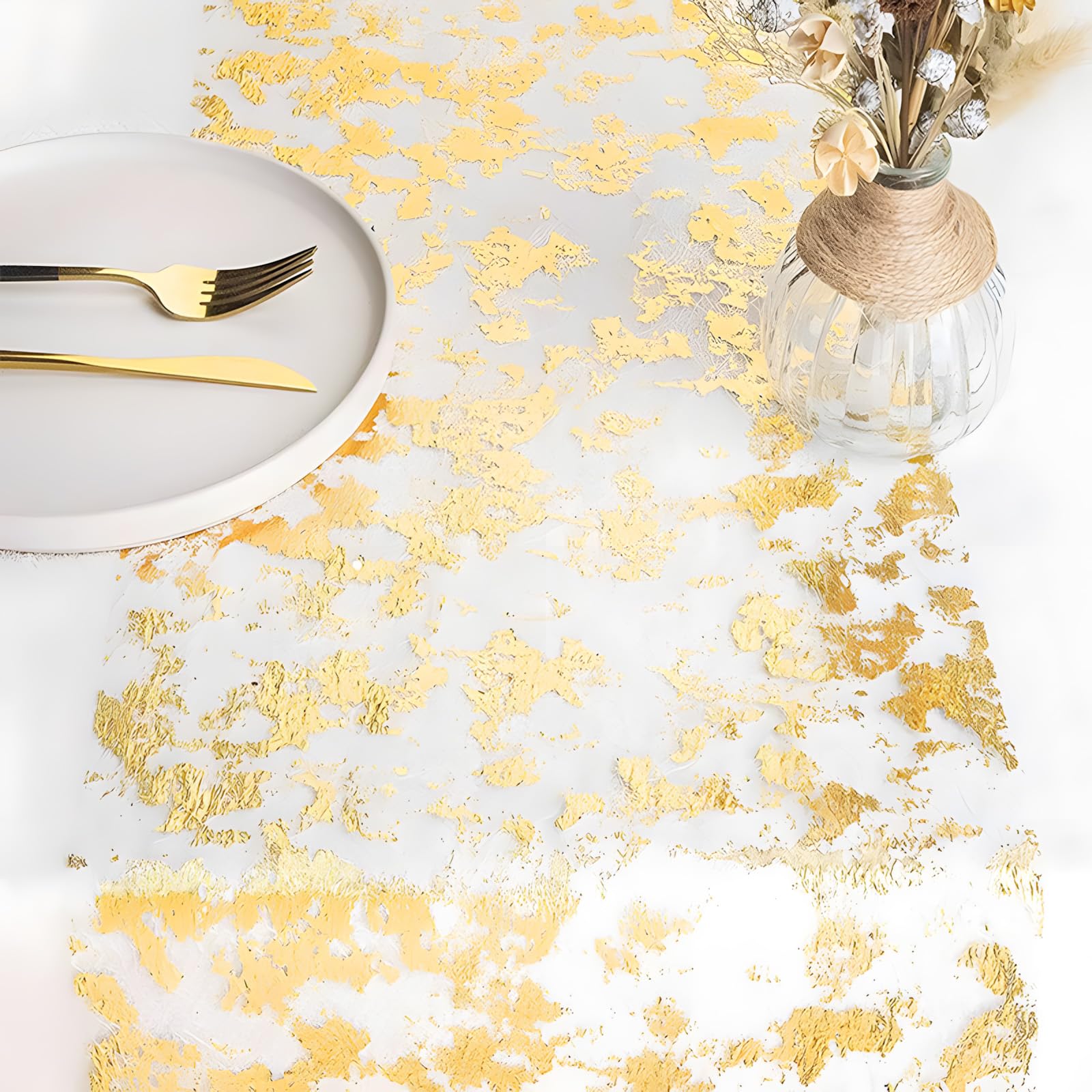 Runner da Tavolo in Rete con Foglia Oro, Runner Natalizio, Runner da Tavola in Rete,Riutilizzabile,per Compleanni, Ritiri, Battesimi,Celebrazioni,Feste,Decorazioni (28 cm x 30 m d'oro)