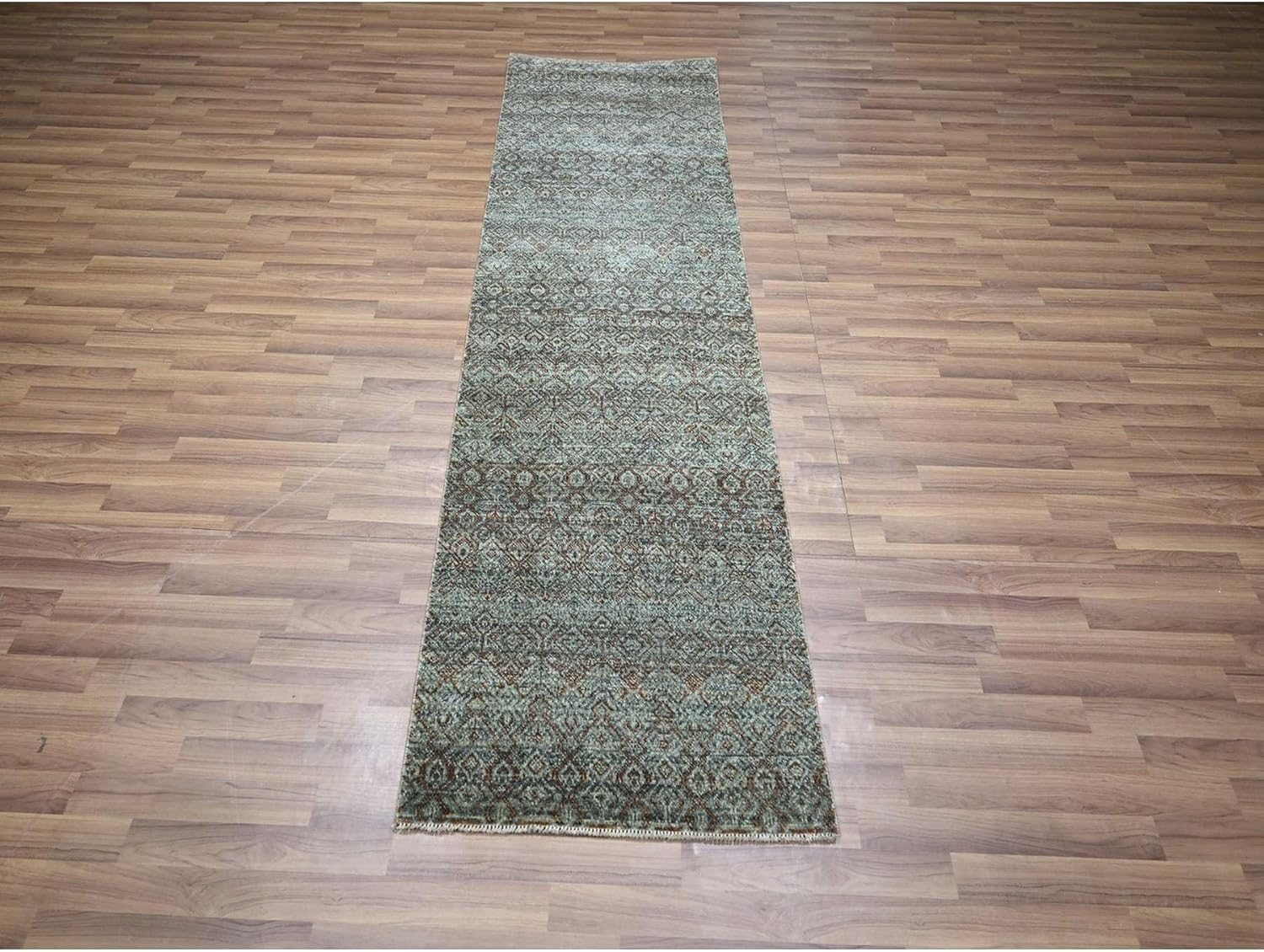 Hand Knotted Runner Rug, Stone Gray, Soft Wool, Geometric Diamond Herat Pattern, 2'6"x8'