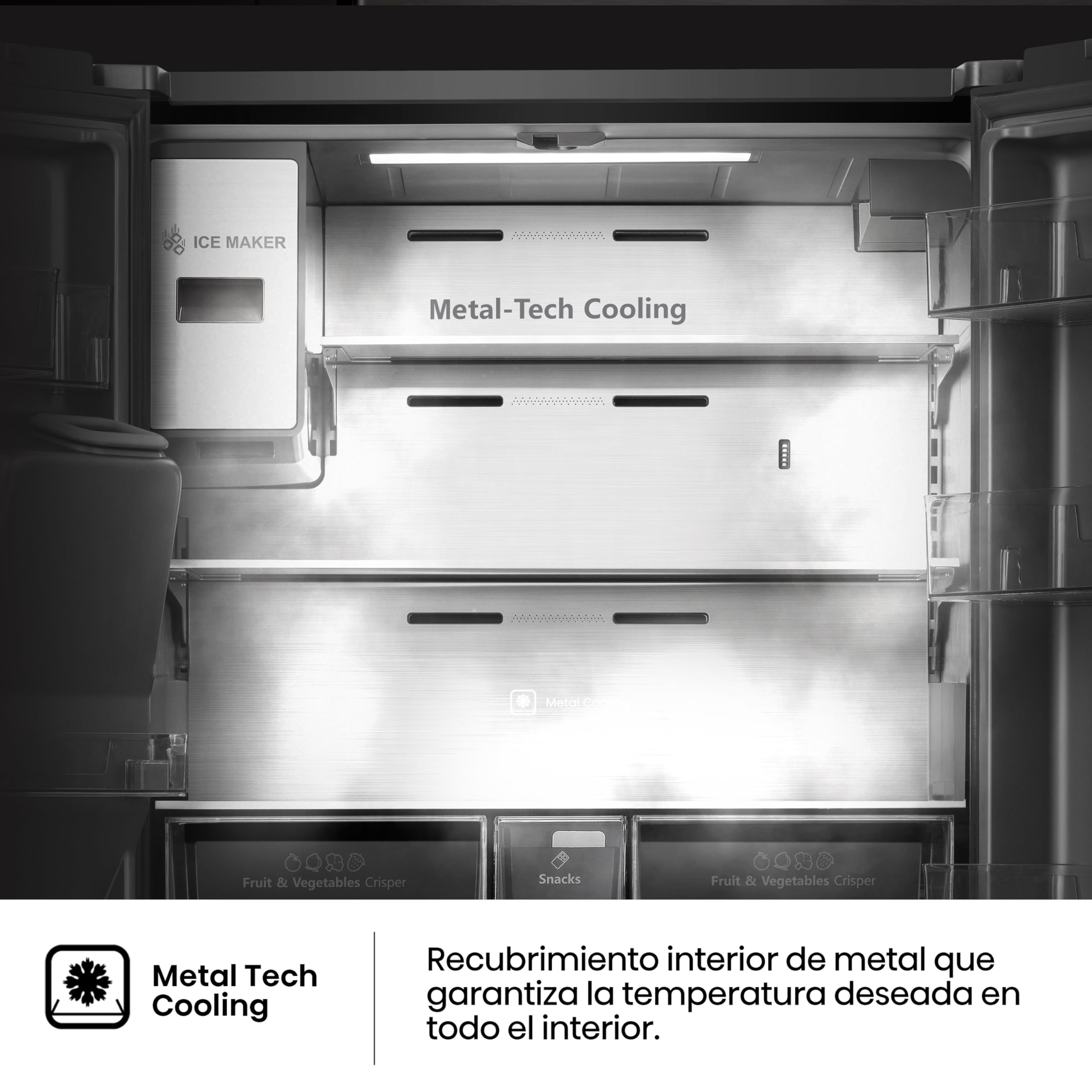 Hisense RQ760N4IFE Cross Door Puerta Americana con dispensador, Total NoFrost, Smart Connectivity con Pantalla & WiFi, MultiFlow,Metal Tech Cooling, E, Negro