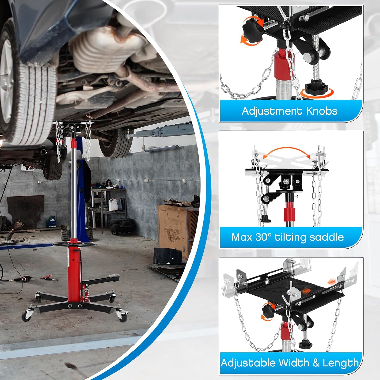 Transmission Jack, 1322lbs (3/5 Ton), 2-Stage Hydraulic Telescopic Jacks, Lifts 34"-68", with Foot Pedal & 360° Swivel Wheels, Ideal for Garage and Car Lifting, Heavy-Duty, Red