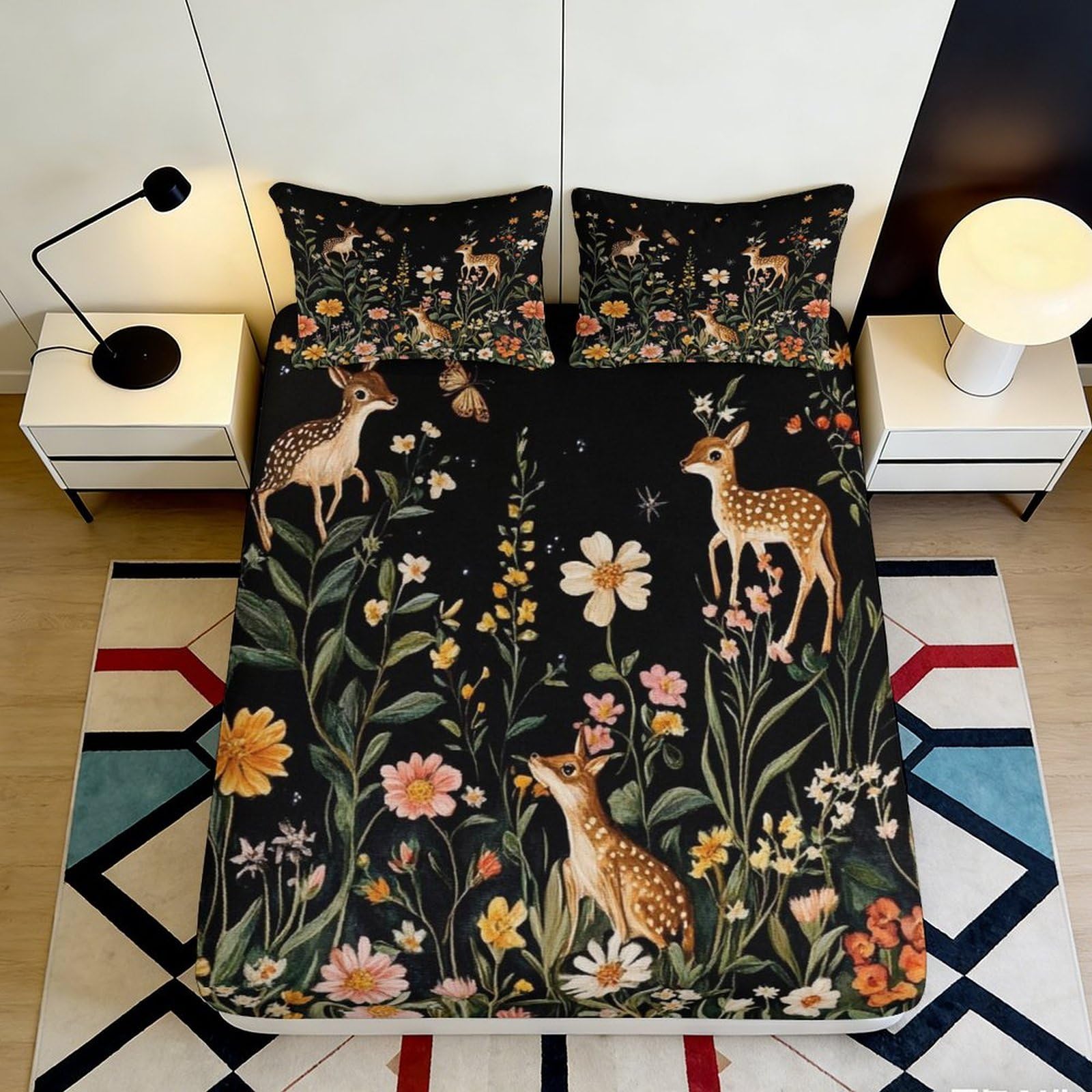 3D Printed Forest Deer Fitted Sheet Microfiber Soft Floral Woodland Bed Cover for Bedroom Guestroom Decor 90x200x25cm