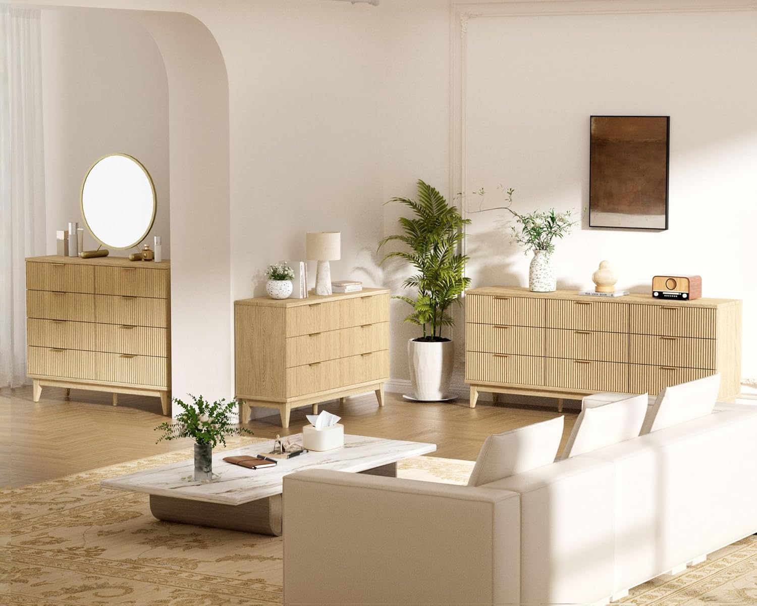 SHGJ&SOFT Fluted Dresser for Bedroom with 9 Drawers, 56.7" Wide Chest of Drawers, Gold Handle, Dresser TV Stand, Modern Wooden Dresser, Storage Organizer for Bedroom, Living Room