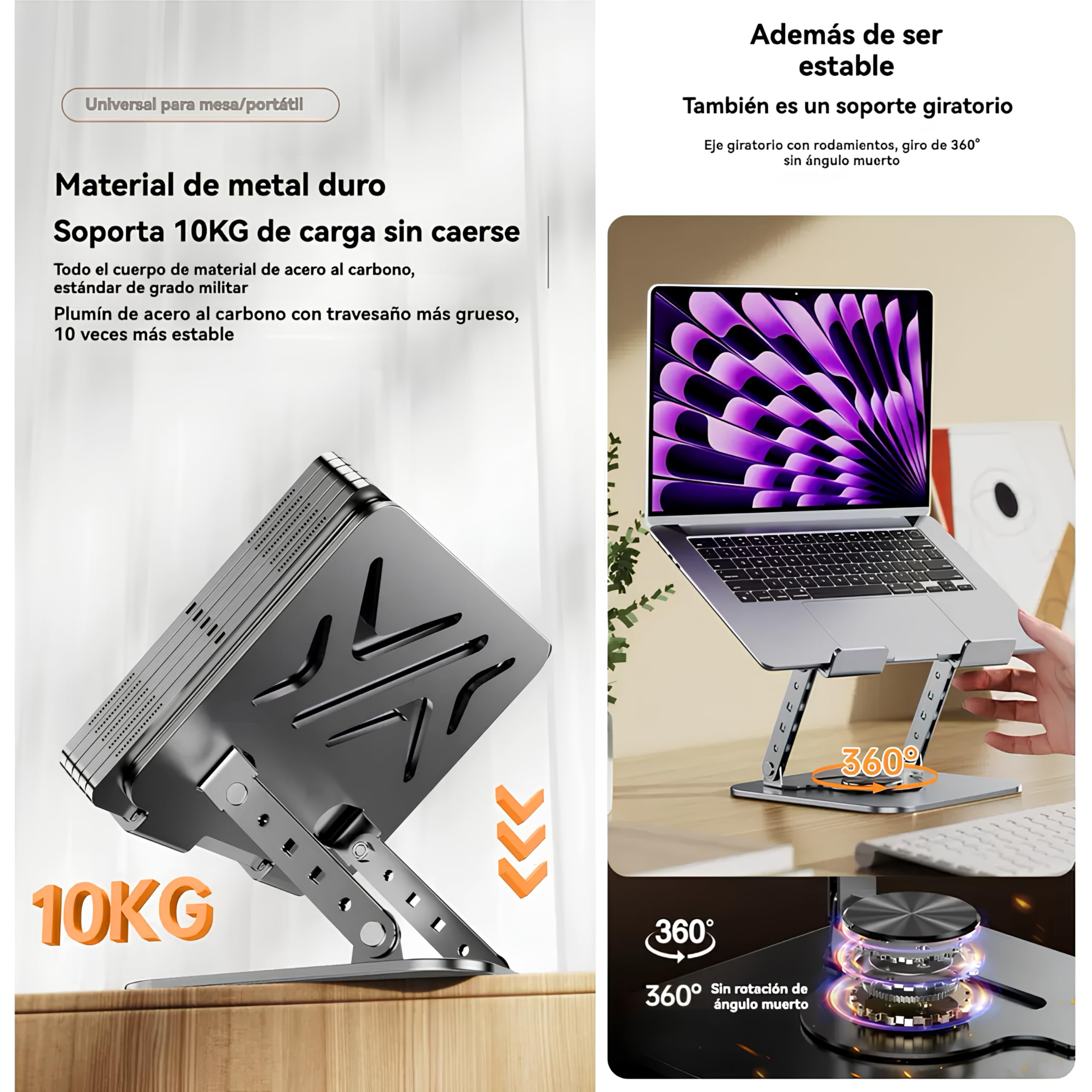 Soporte para Portátil Plegable y Ajustable con Base Giratoria 360° – Elevador Ergonómico con Ventilación Mejorada, Compatible con Laptops de 11 a 17 Pulgadas, Ideal para Oficina y Teletrabajo