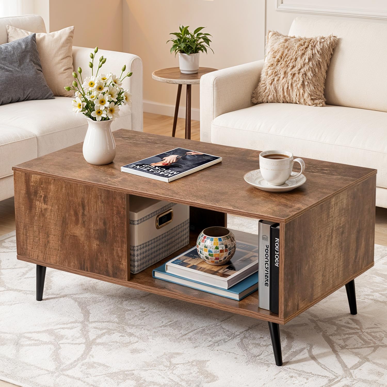 ABOUT SPACE Wooden Coffee Table - End & Sofa Side Tea Table,Centre Table with Solid Finish Space Saving Portable Furniture with Storage for Living Room,Bed Room,(L 100 x B 55 x H 45 cm - Brown)-image-13