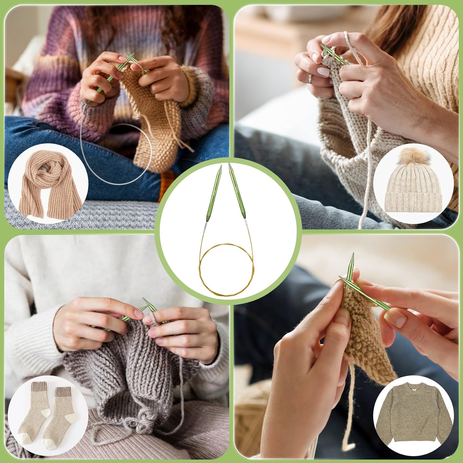 TRILVIX Knitting Needles Set, 13 Pairs Aluminum Interchangeable Circular Knitting Needles Set 4 Inch with 4 Cables, Accessories and Storage Bag for Multiple Knitting Projects Green