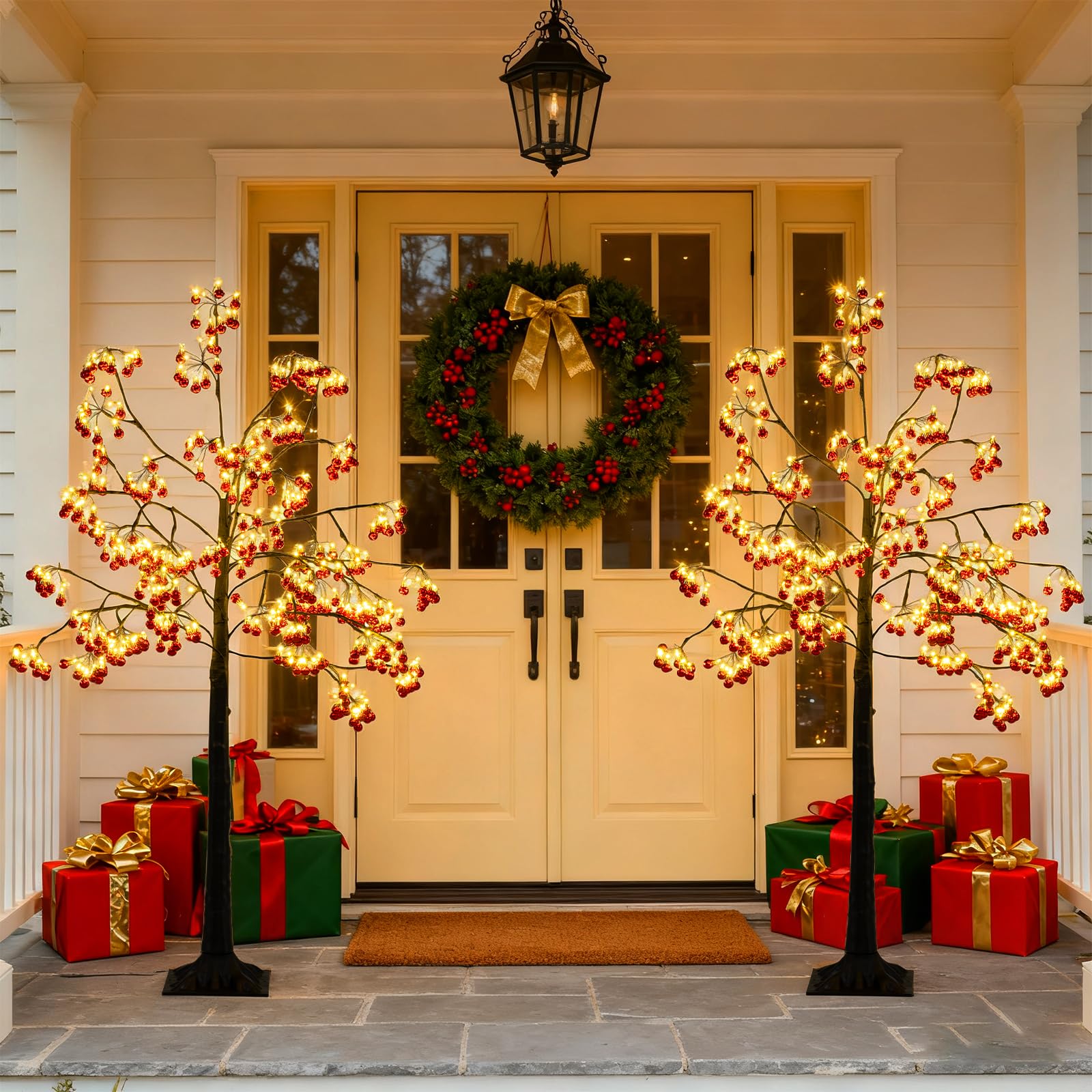 COSTWAY 150 cm Arbre Artificielle Lumineux, 384 Boules Rouges, Sapin de Noël, 480 LED Blanc Chaud, Branches Flexibles, Piquets de Sol, Noel Decoration Exterieur Interieur
