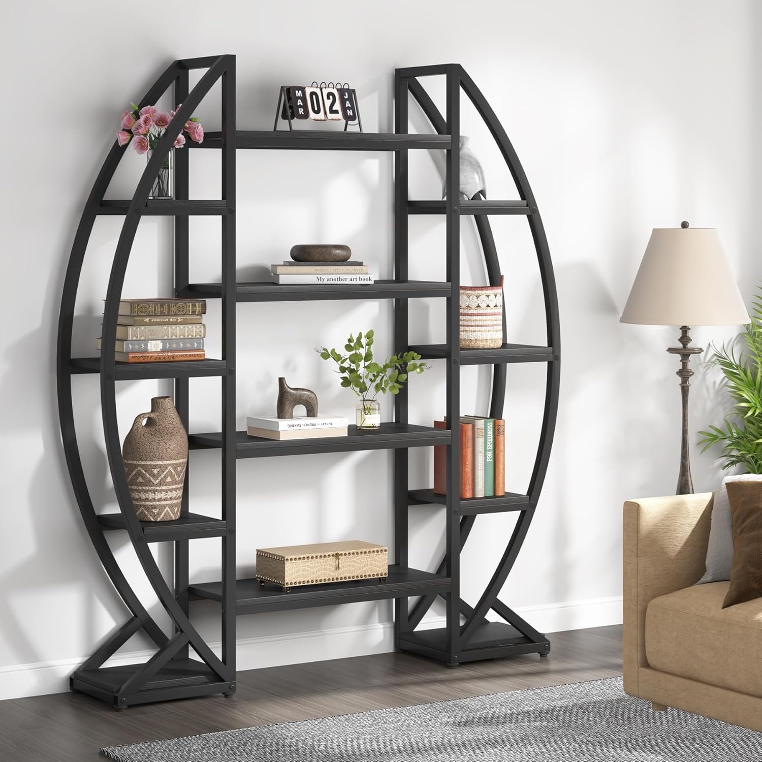 Tribesigns Oval Bookshelf, Triple Wide 5 Tiers Etagere Bookcases, Industrial Display Shelves for Living Room (55", Black)