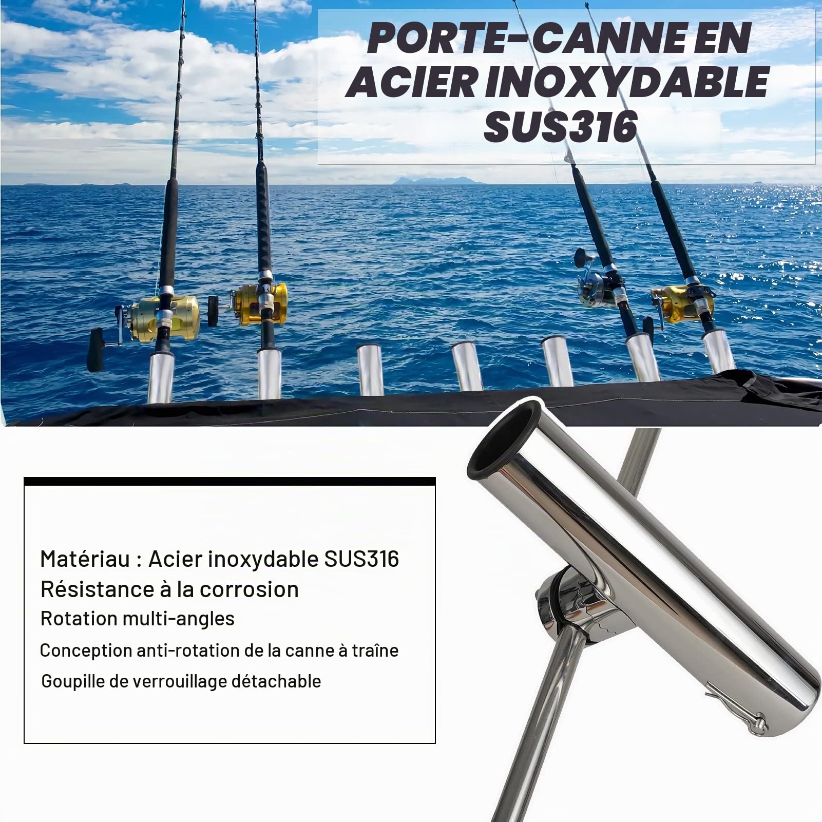 Barque Peche Porte Canne Yacht Amovible Fixation Support Canne Bateau Demontable Mer Supports Cannes Durable INOX SUS316