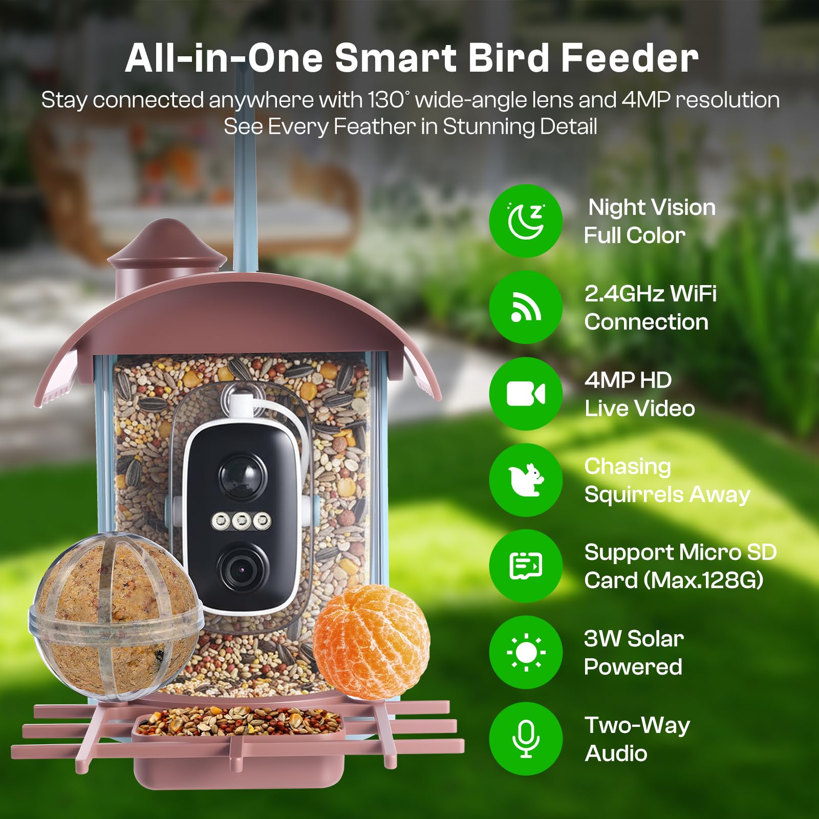 Pajarera con cámara de 4 MP, comedero solar para pájaros y comedero: vídeo/toma de fotos, identificación de IA, detección de movimiento, notificación instantánea, visión nocturna, WiFi de 2,4 GHz