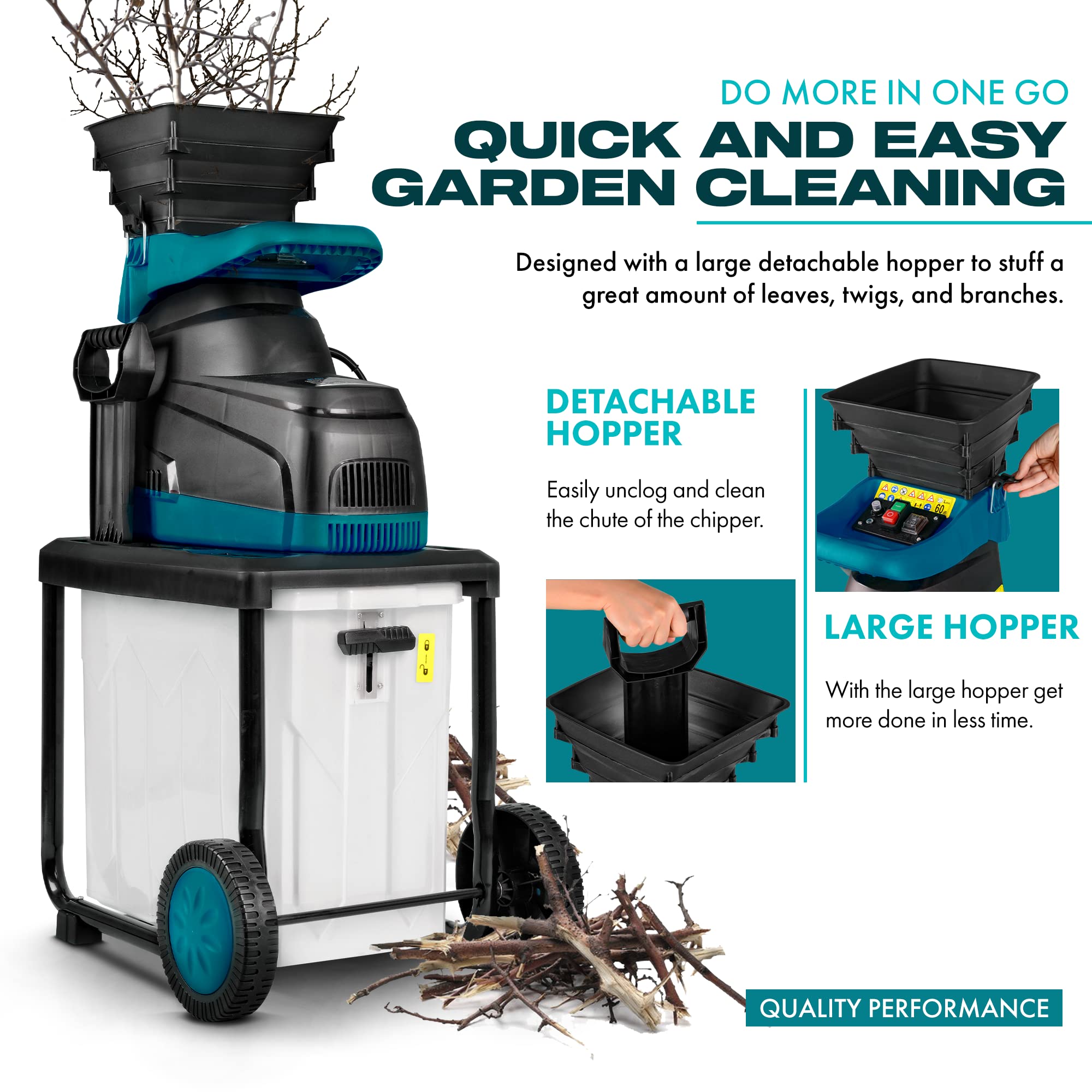 G Garden Wood Chipper Electric Quiet Silent 1.5-1.7 Inch Max Branch Capacity 14.5-Amp 1800Watt 120VAC 17:1 Reduction Ratio with 40L Collection Bin use for Fire Prevention Building and Firebreaks