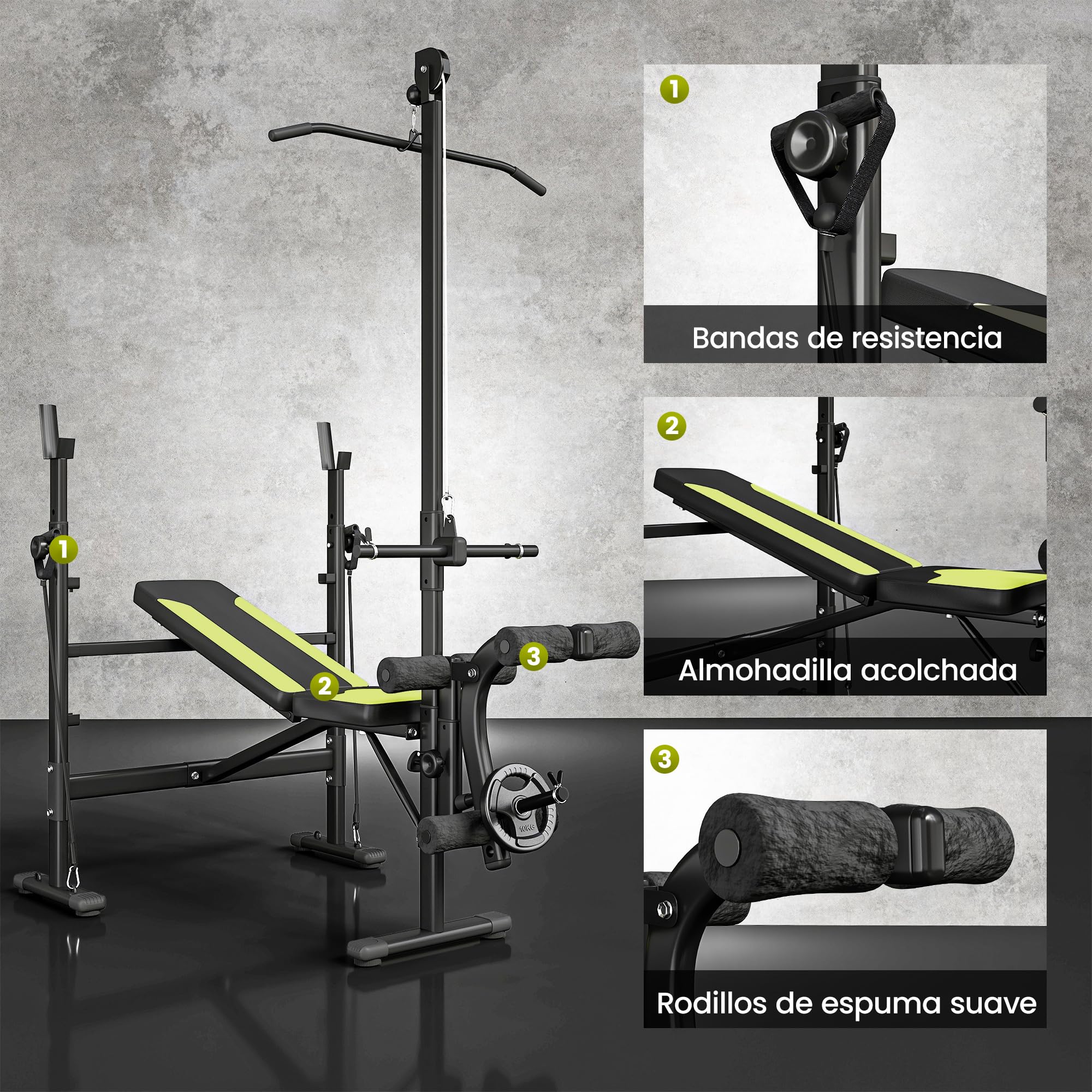 HOMCOM Banco de Pesas Multifuncional Banco de Musculación Reclinable con Altura Ajustable para Fitness Entrenamiento Completo en Gimnasio y Casa Carga 250 kg 175x110x202 cm Negro