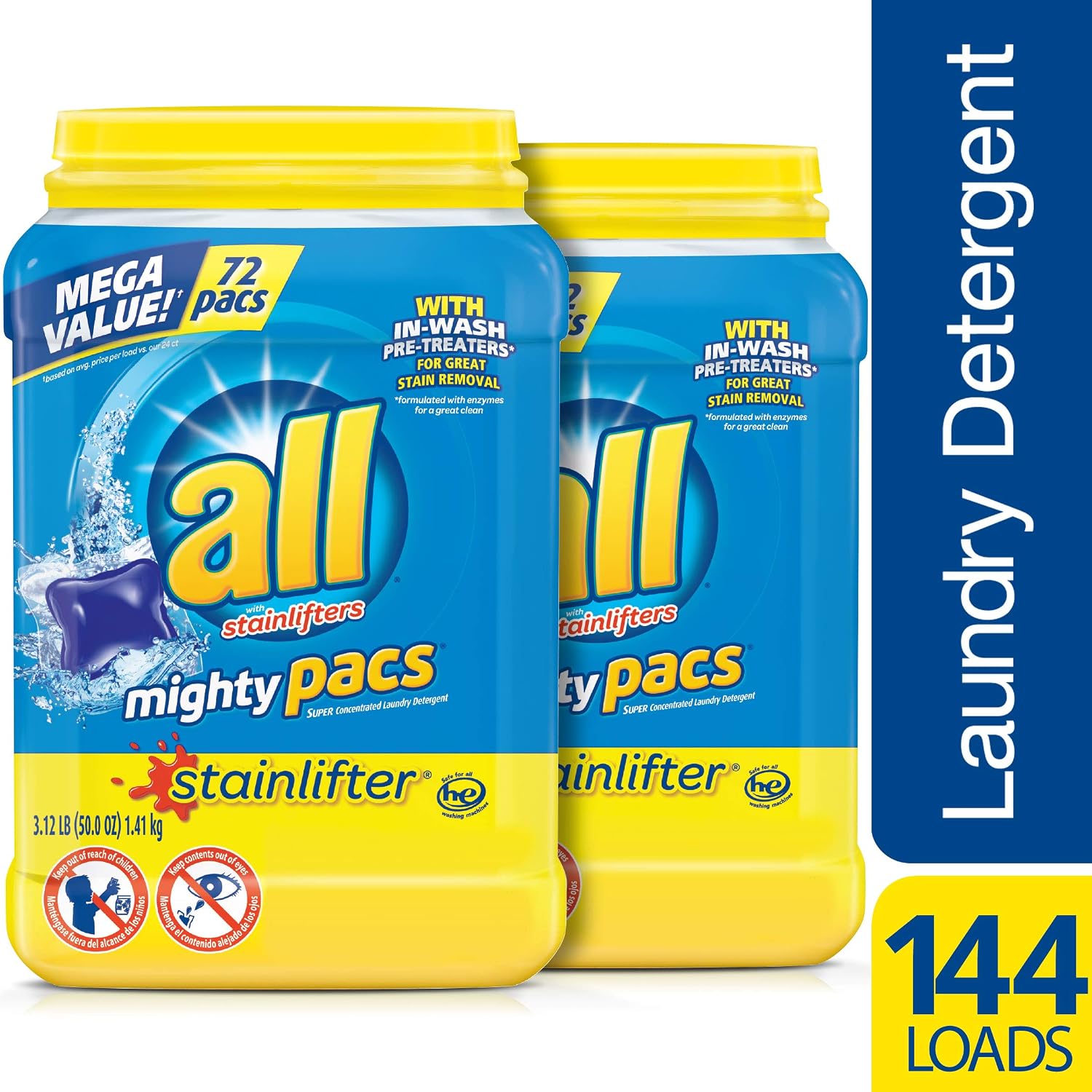all Mighty Pacs Laundry Detergent, Stainlifter, 72 Count, 144 Total Loads (Pack of 2)