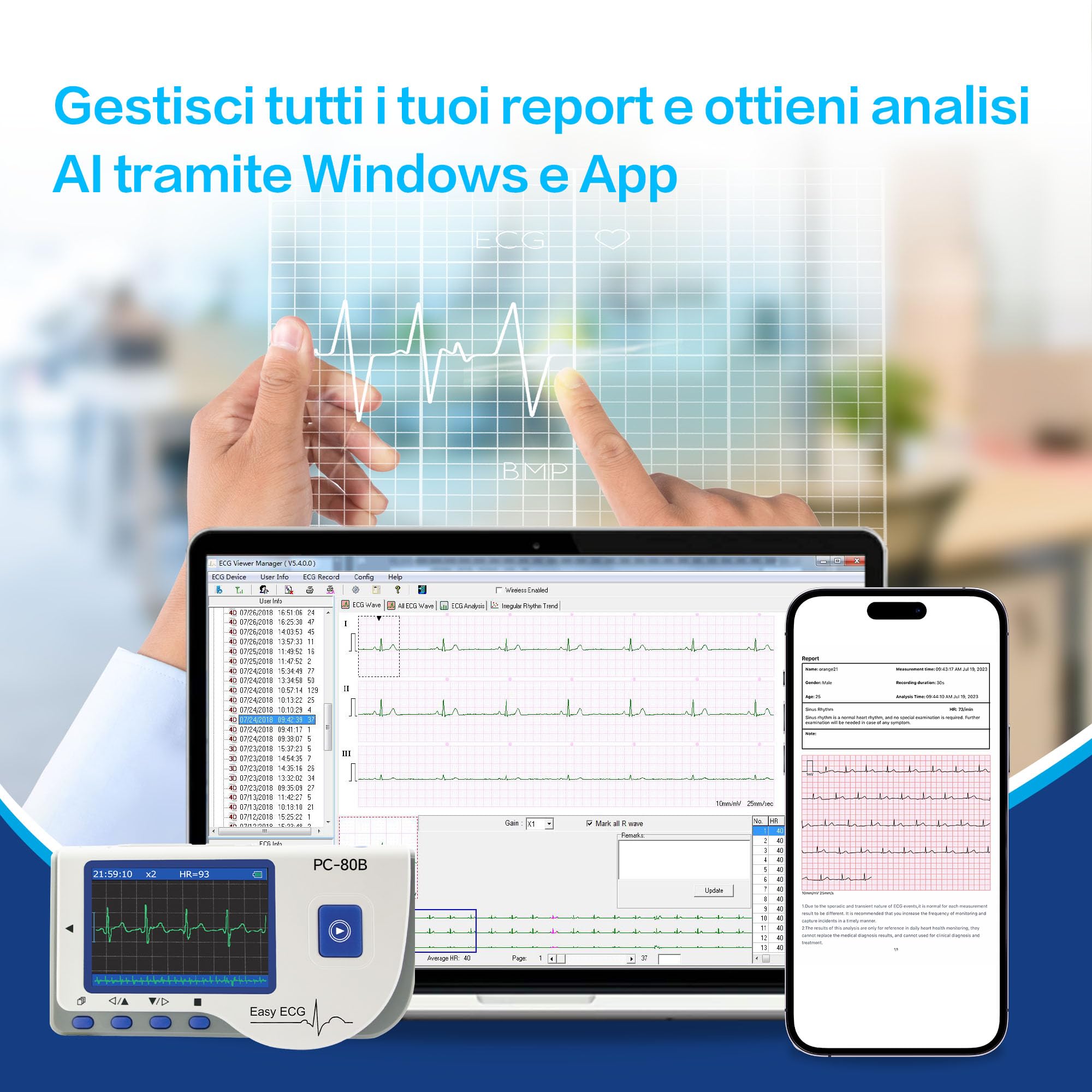 ECG Portatile a 3 Derivazioni con Analisi Algoritmica – 22 Ore di Registrazione Continua, Schermo LCD Integrato, Compatibile con Mac e Windows, Ideale per Uso Domestico