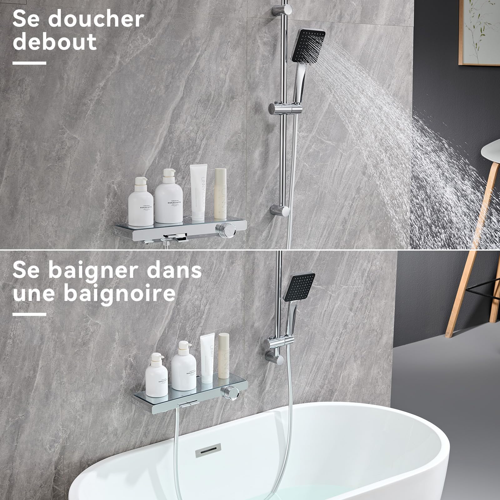 Auralum Robinet Baignoire avec Douche - Douchette Réglable en Hauteur avec 6 Modes de Jet - Ensemble Douche Salle de Bain à Touches Piano - Tuyau Acier Inoxydable 1.5m - Chromé