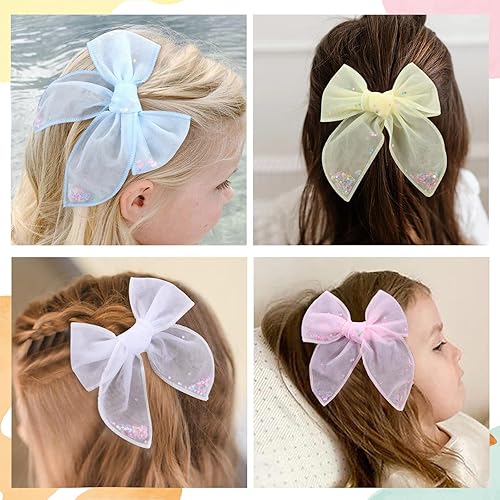 Miniatura 3 de 6 lazos de tul para el cabello para niñas, lazos de CN para niños pequeños con cocodrilo estrella con purpurina, pasadores coloridos para el