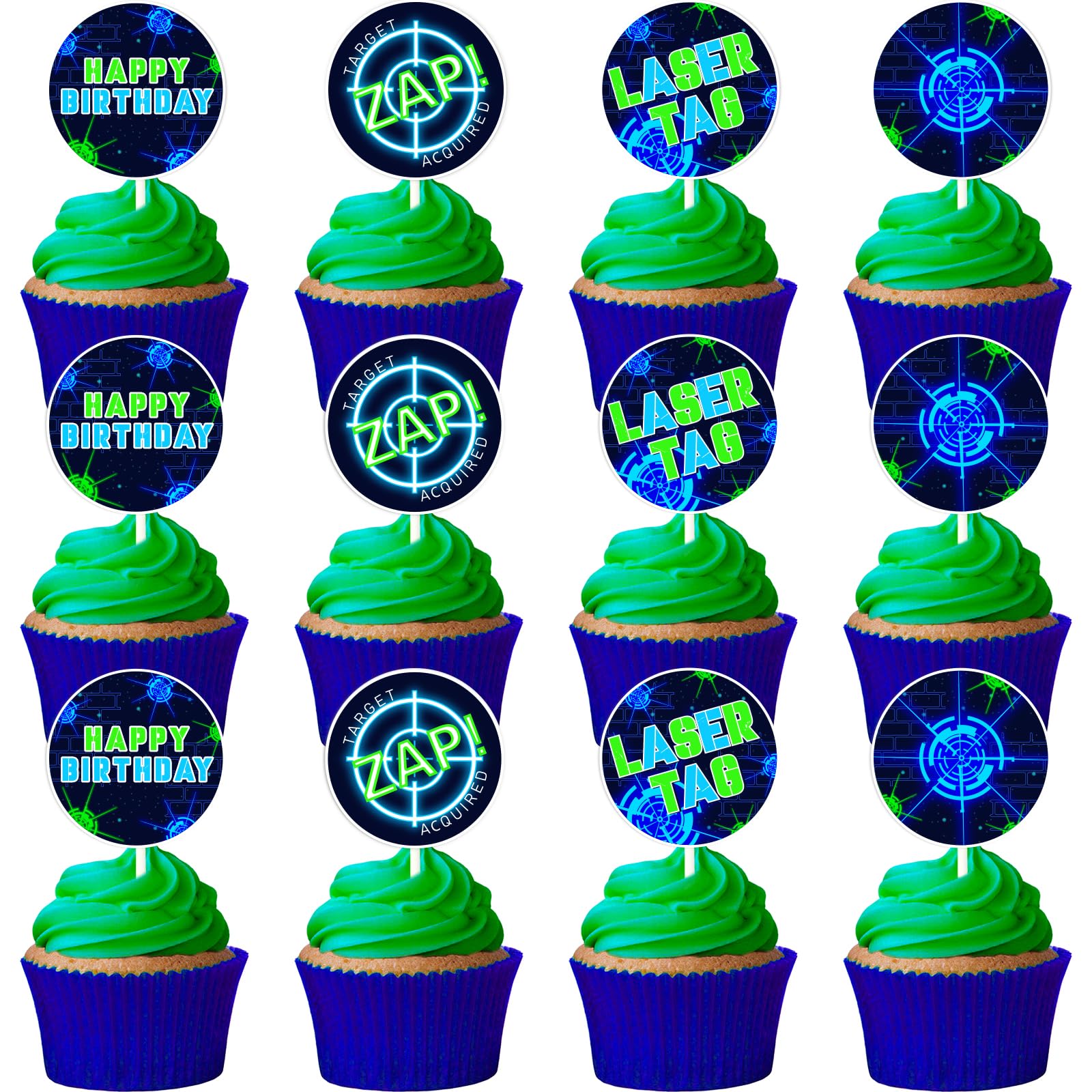 Fangleland 36 Blue Green Laser Tag Cupcake Toppers for Boys Birthday Party Decorations, Laser Theme Happy Birthday Dessert Table Cake Decors Picks Party Supplies