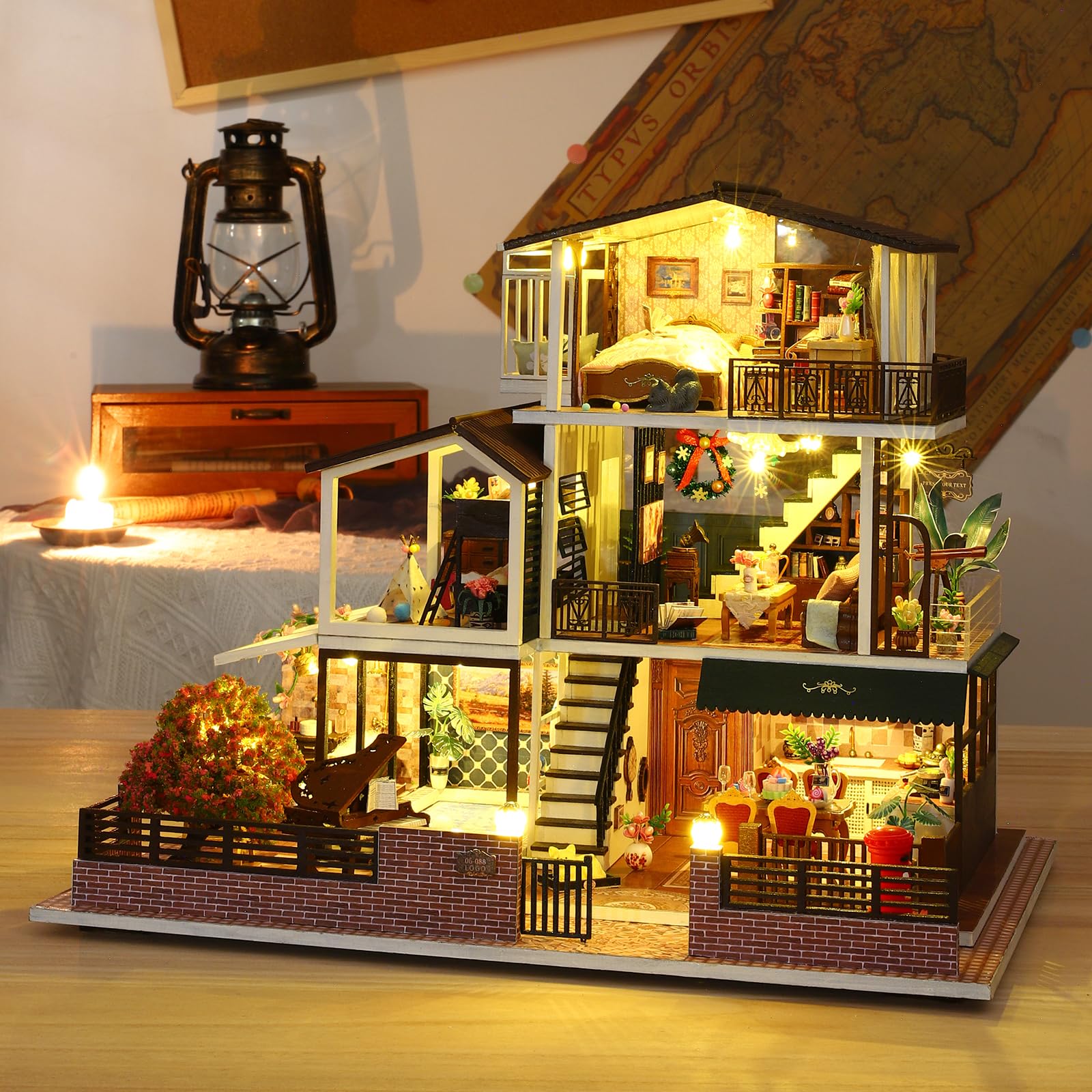 DIY Miniatur Haus, Mini 3D Holzpuzzle Puppenhaus Modell Set mit LED Spieluhr, Romantische Villa Tiny Haus Bücherregal Deko Bastelset, Geburtstag Geschenk für Erwachsene Frauen Männer