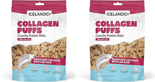 Icelandic+ Colágeno Puffs Colágeno de res al horno con piel de bacalao, bolsa de 0.5 onzas, golosinas para gatos, bocadillos crujientes de