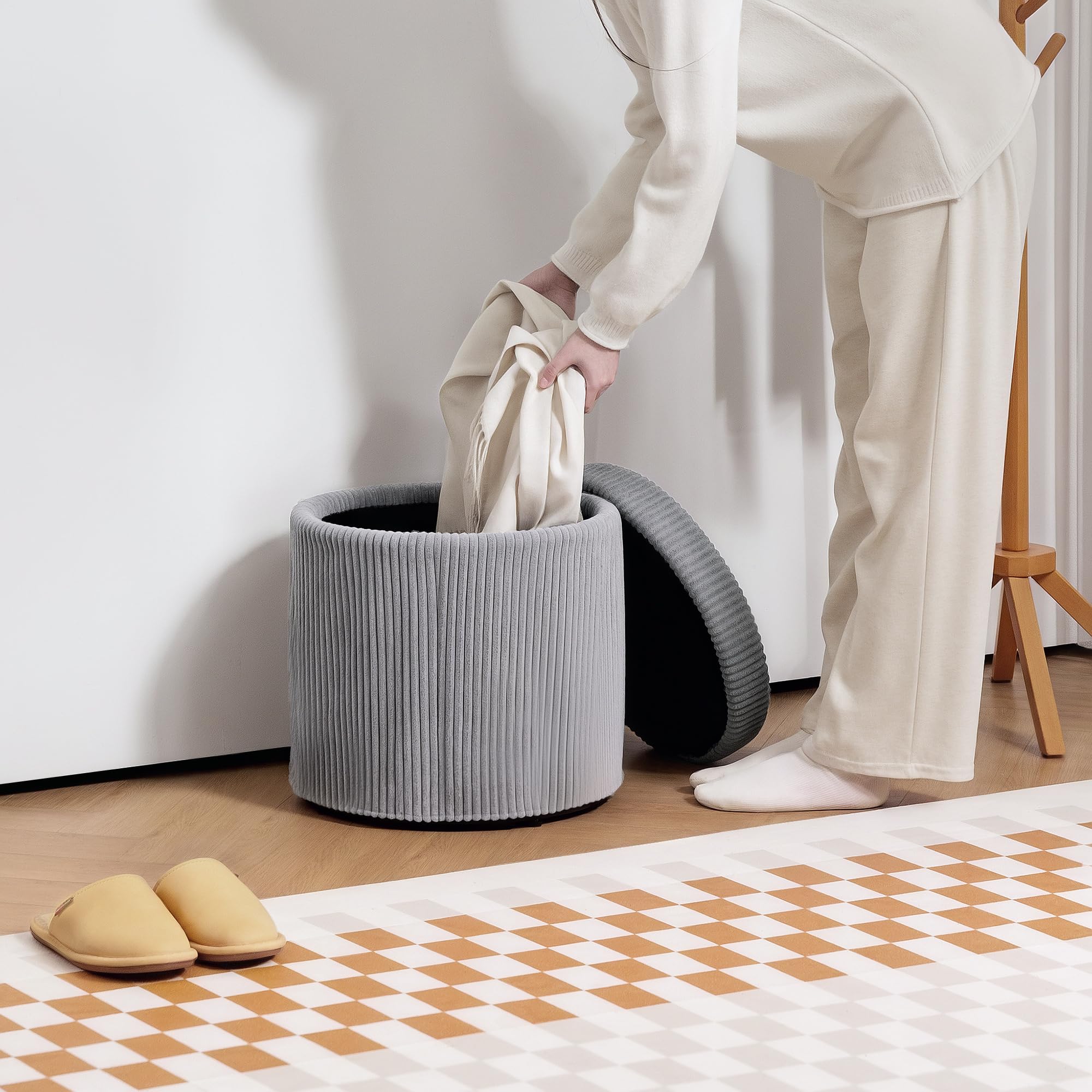 HOMCOM Pouf Rotondo Portaoggetti Baule Ø40x41 cm Grigio Chiaro | Rivestimento in velluto a coste, seduta imbottita, coperchio rimovibile, per ingresso, camera da letto, soggiorno.