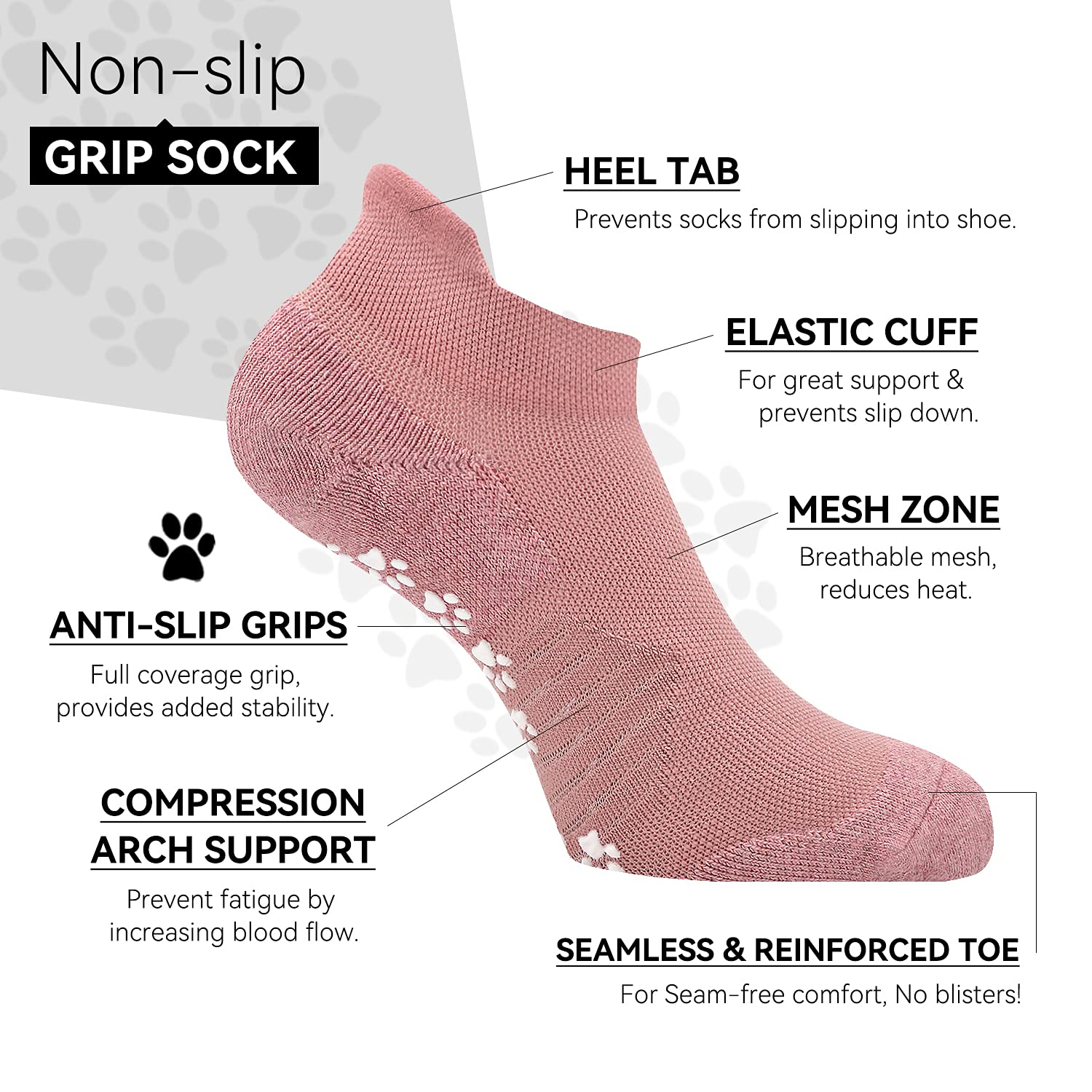 KitNSox Women's Safety Gripper Sticky Socks Size 9-11, Lady and Girls Lightweight Anti Skid Compression Support Cozy Gripper Gifts Socks for Elderly (S-M, 2 Pack, Pink)