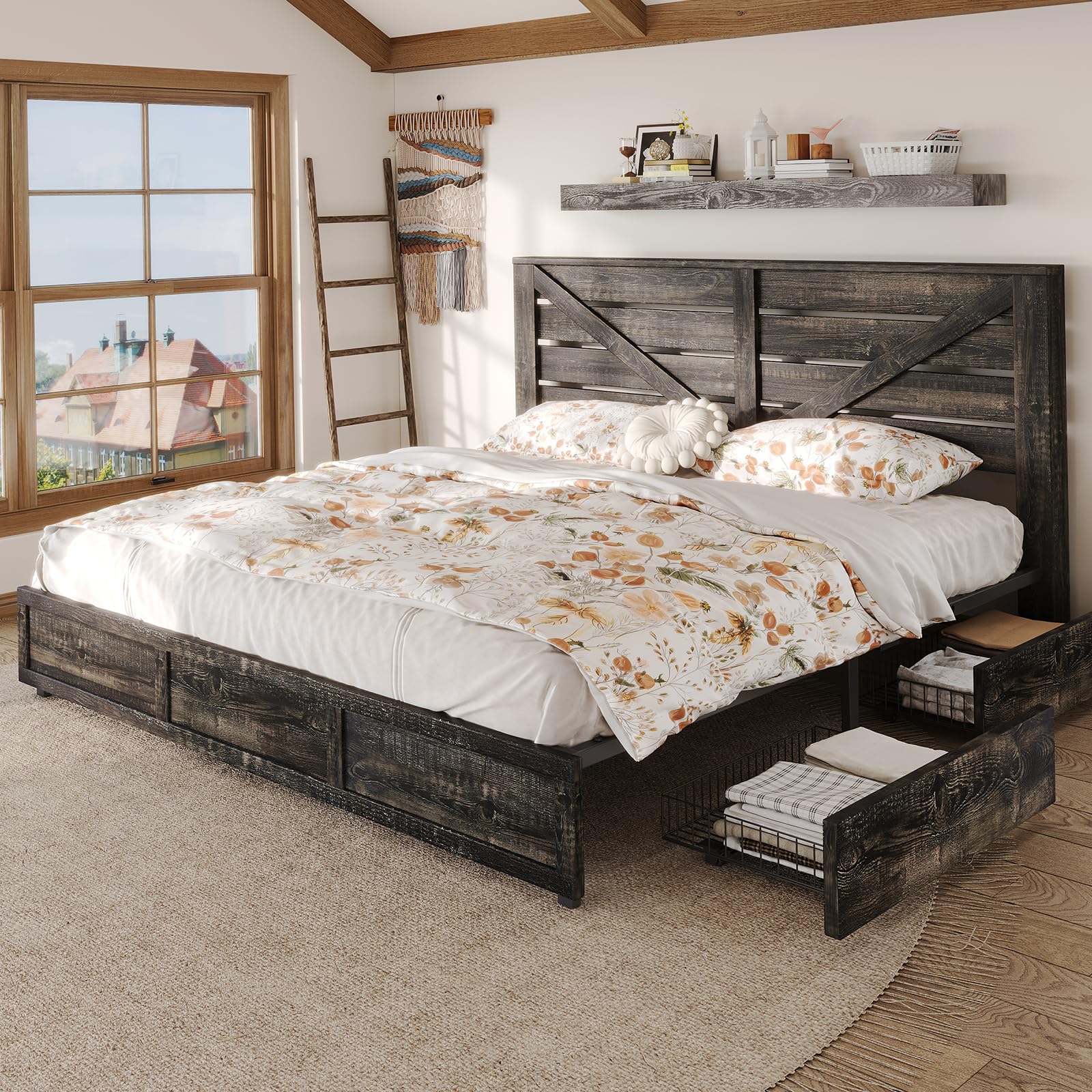 LUXOAK 48.8" H King Size Bed Frame with 4 Storage Drawers, Farmhouse Platform Bed with Barn Door Headboard, Rustic Wood Grain, No Box Spring Needed,