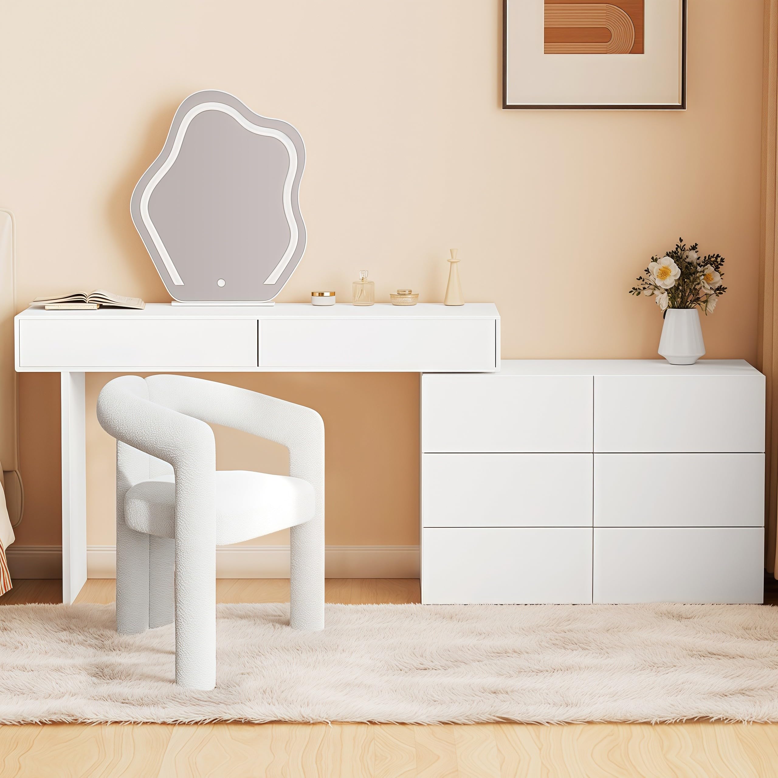 Makeup Vanity Set with Mirror and Lights, Vanity Desk with Retractable Side Cabinets and Cushioned Stool, Dressing Table for Women/Girls