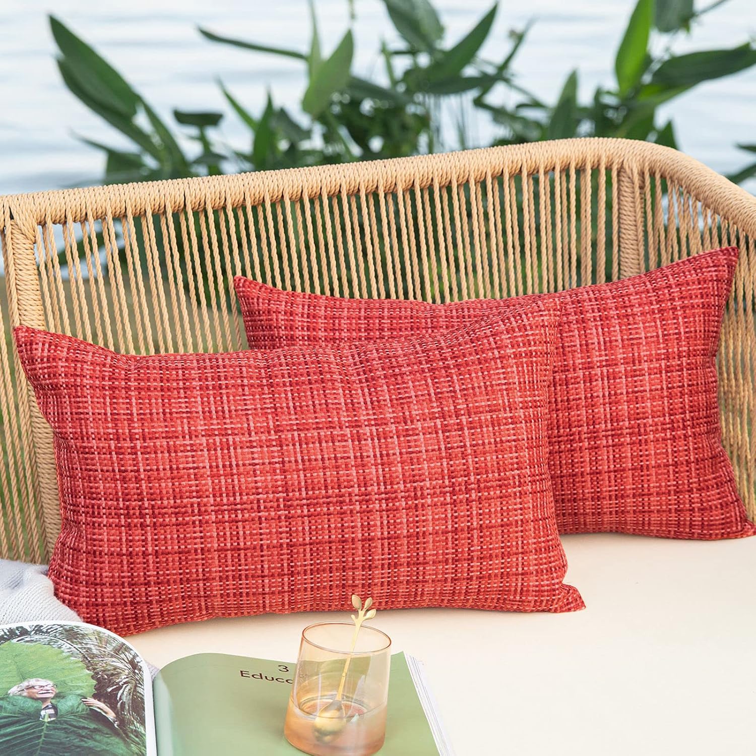 NEERYO Outdoor Patio Lumbar Throw Pillow Covers - Waterproof Decorative Cushion Covers Water Resistant Pillowcase Shell for Christmas Decor Tent Garden Bench Park Couch Set of 2 12x20 Red