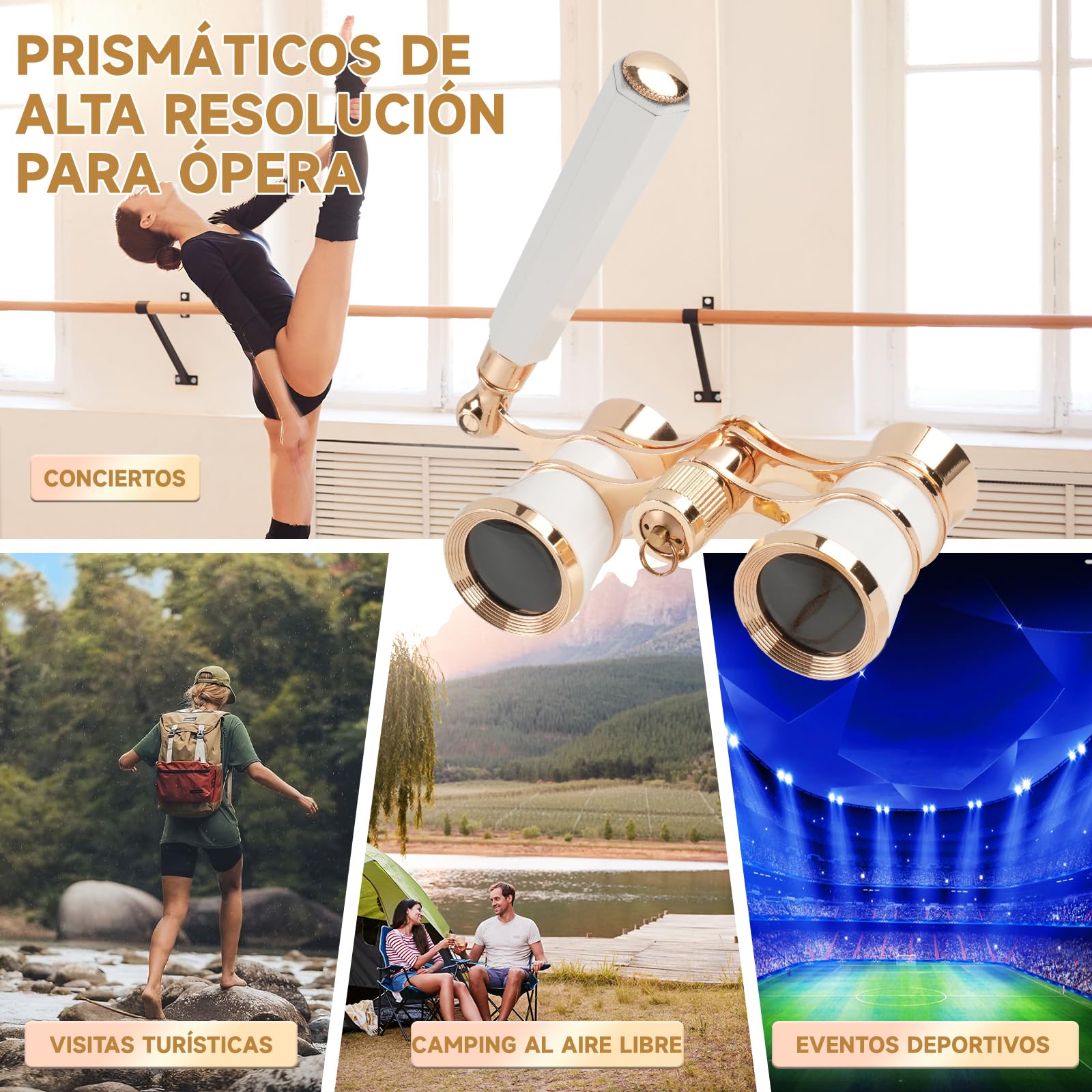 Prismáticos de Teatro 3x25 Vintage Plegables - Binoculares Mini con Mango Ajustable y Cadena, Lente BK7, Portátiles para Conciertos, Ópera y Eventos