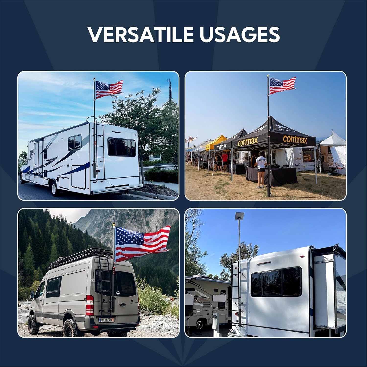 Yescom RV Flag Pole Holder Ladder Mount Bracket Fits for Pole Diameter 1" to 2 3/8" Compatible with Rails Diameter 1" to 1 1/2" for RV Camper, Black