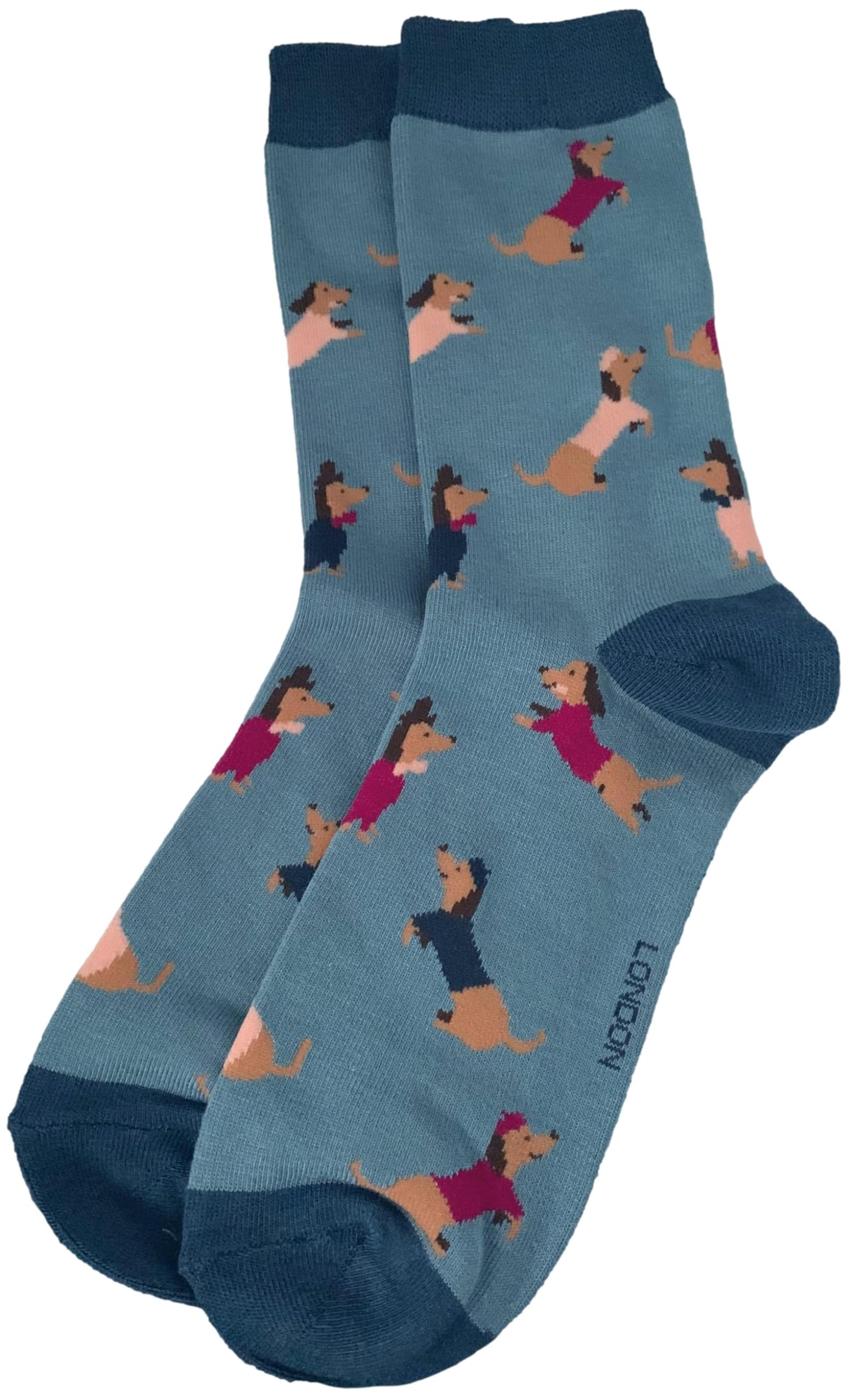 Purple Possum UK® Socks Sausage Dogs Ladies Pink Blue Dachshunds Soft Bamboo Cotton Blend Dachshund Dog Sock One Size (Blue)