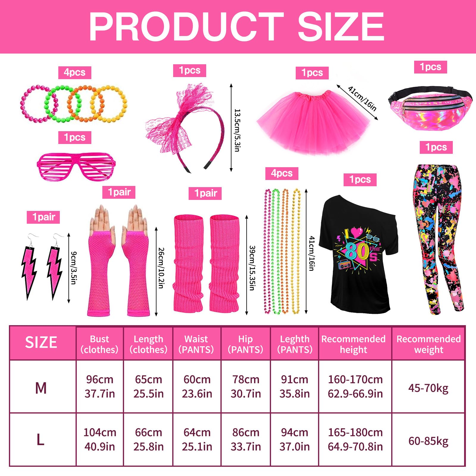 DAZZTIME Disfraz Años 80 Mujer,Accesorios de Disfraz de Los Años 80,Juego de Disfraces de los Años 80,con Diadema,Muñequeras,Aretes,para Fiestas,Carnaval,Disfraces de Halloween