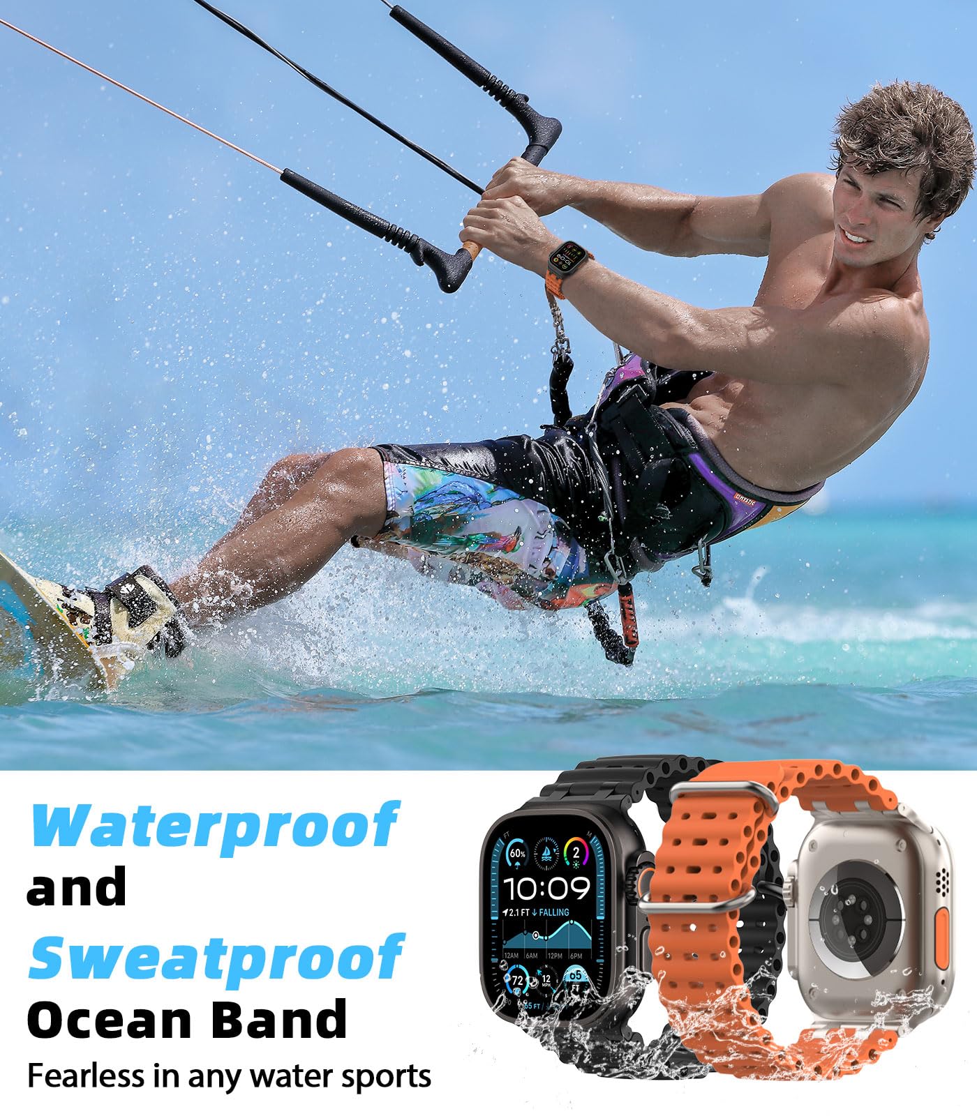MoKo Correa Ocean Compatible con Apple Watch Ultra 3/2/1 49 mm, S11/S10 46 mm, 9/8/7 45 mm, SE3/SE2/SE/6/5/4 44 mm, 3/2/1 42 mm, Correa Deportiva de Silicona Transpirable