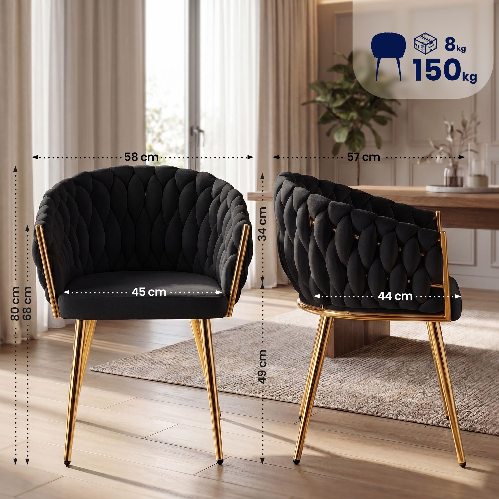 CLP Silla Comedor Acolchada Molise Silla Cocina Terciopelo Respaldo Estructura Acero Dorado soporta hasta 150 kg Color:Negro;Material:Terciopelo